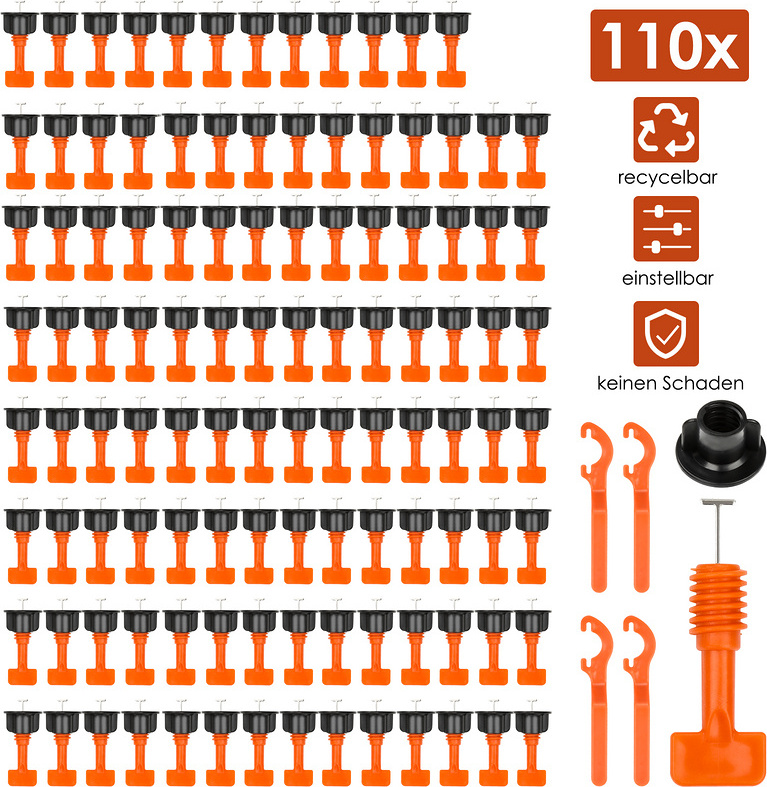 Jiubiaz 110x Fliesen Nivelliersystem Level Wiederverwendbar Fliesen Verlegehilfe Fliesenkeile Kunststoff Bodenbelag Fliesen Handwerkzeuge mit 8PCS Fliesenschlüssel für Wand und Boden Fliesen RL-BN7859-1-YD