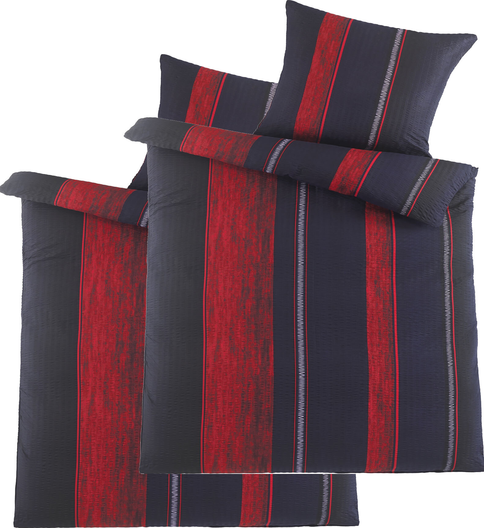 KH-Haushaltshandel 4-tlg. Seersucker Bettwäsche 2x (135x200 +80x80cm), rot schwarz, Streifen, bügelfrei W415500BernhRotSchwarz2x