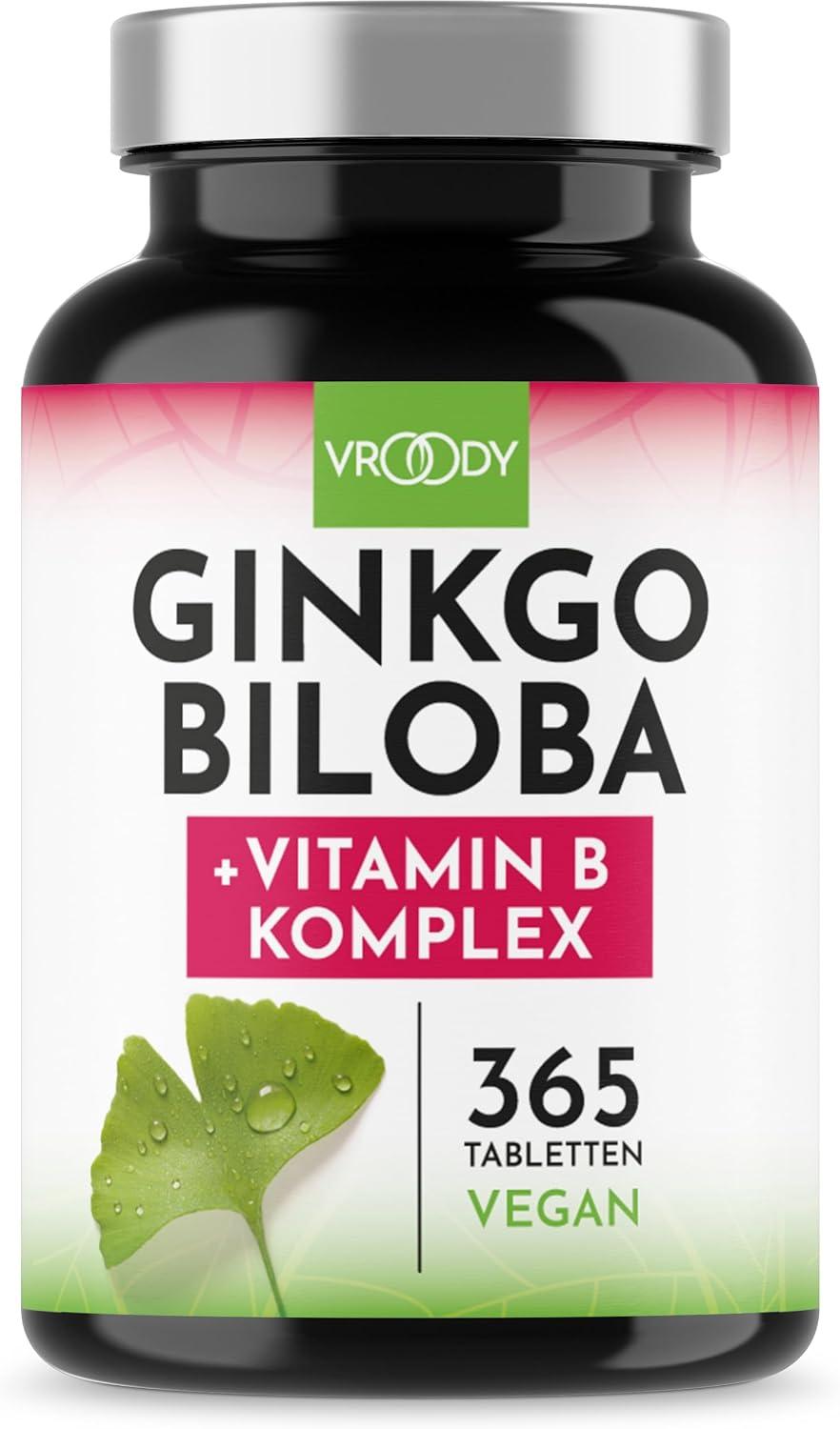 VROODY Ginkgo Biloba Extrakt 6000mg – 365 Tabletten mit Vitamin B Komplex – Vegan NEginkgo