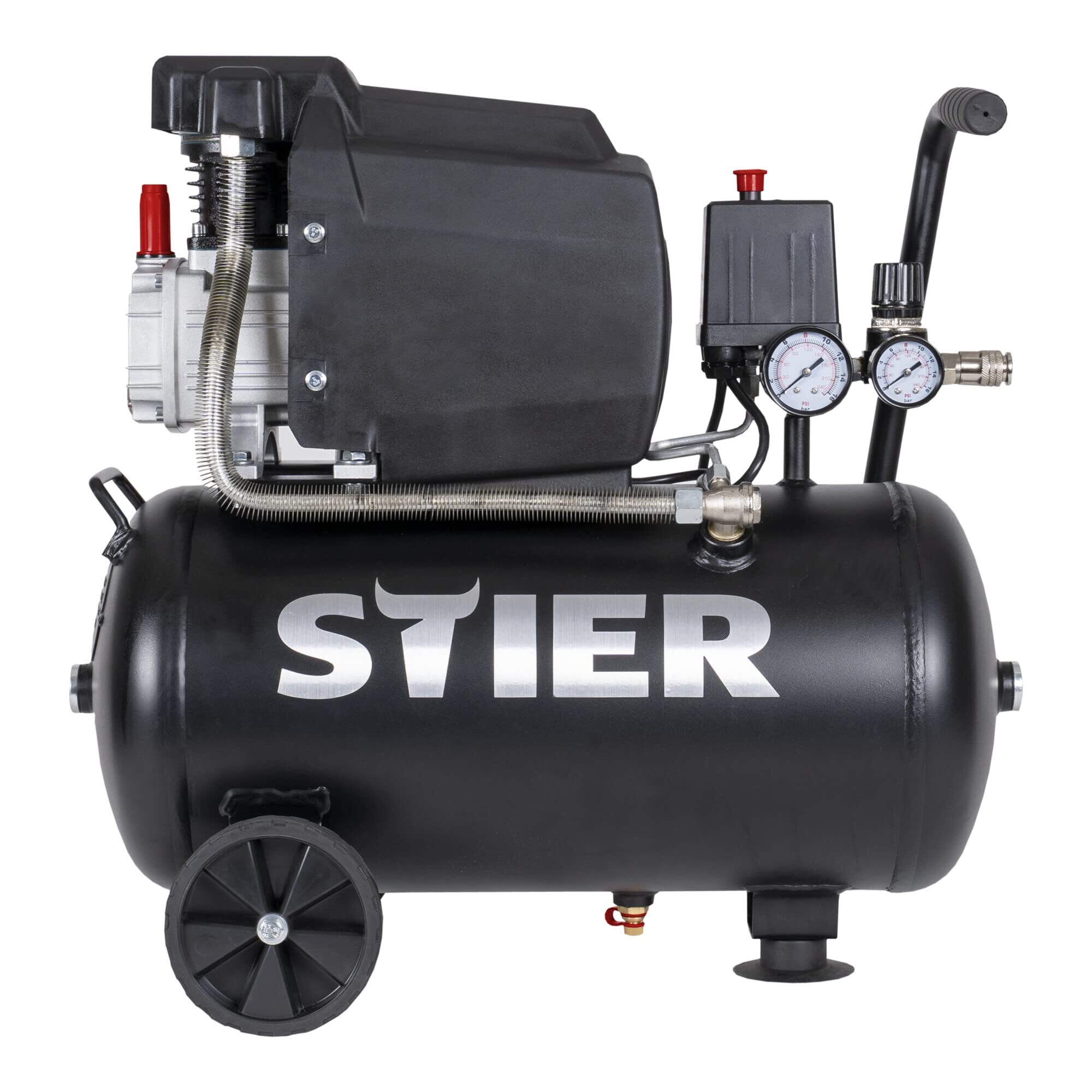 STIER Kompressor LKT 240-8-24, 1100 W, max. Druck 8 bar, 24 Liter Tank, 21 kg, geeignet für Anwendungen z.B. mit Ausblaspistolen, Farbspritzpistolen, Blindnietenpistolen 903414