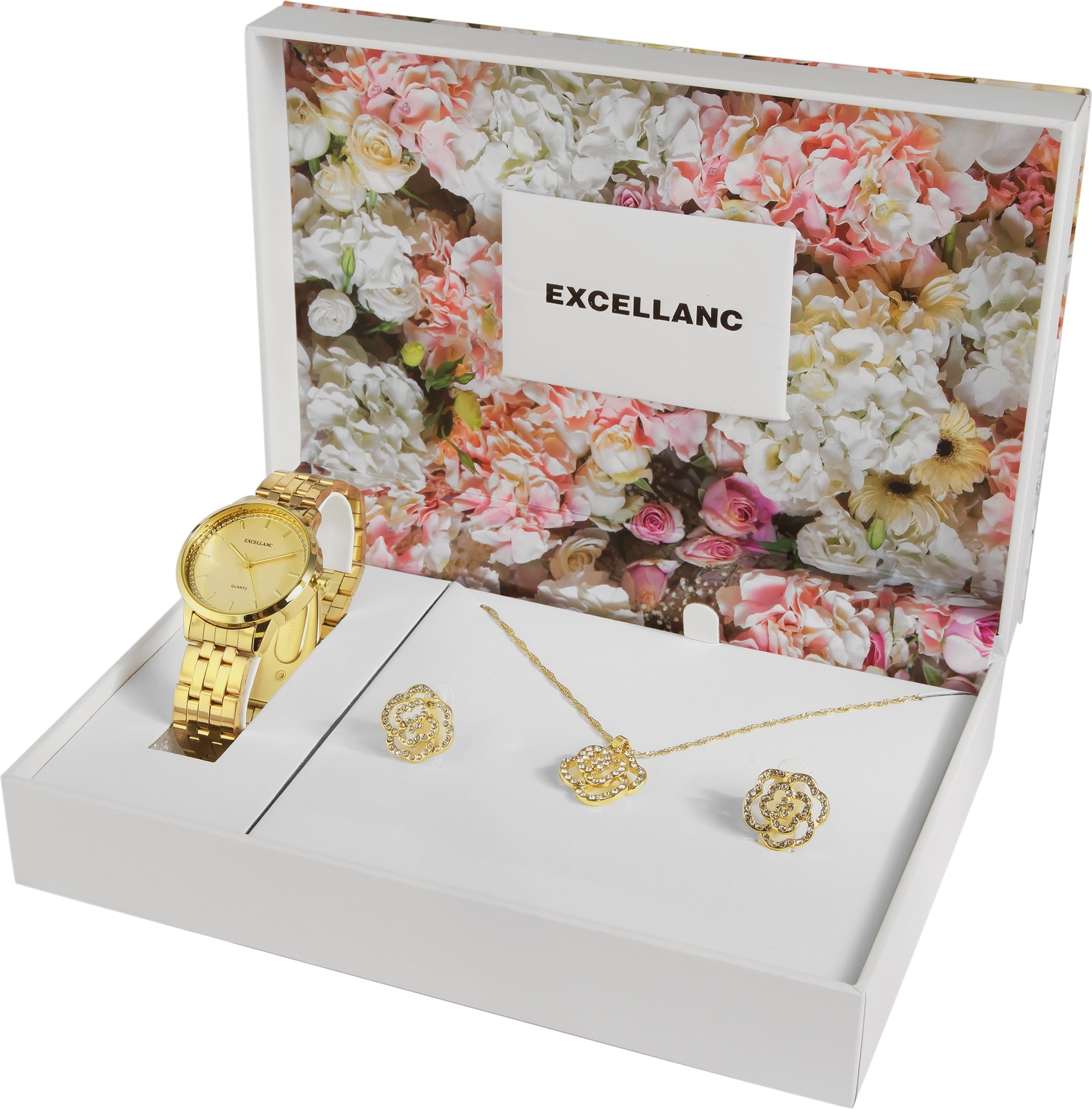 Excellanc Geschenkset mit Damenuhr, Halskette und Ohrsteckern