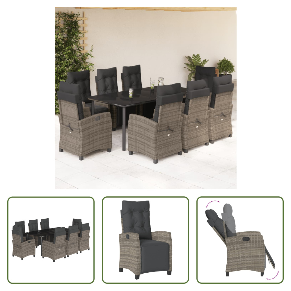 The Living Store 9-dielny záhradný jedálenský set s vankúšmi sivý polyratan