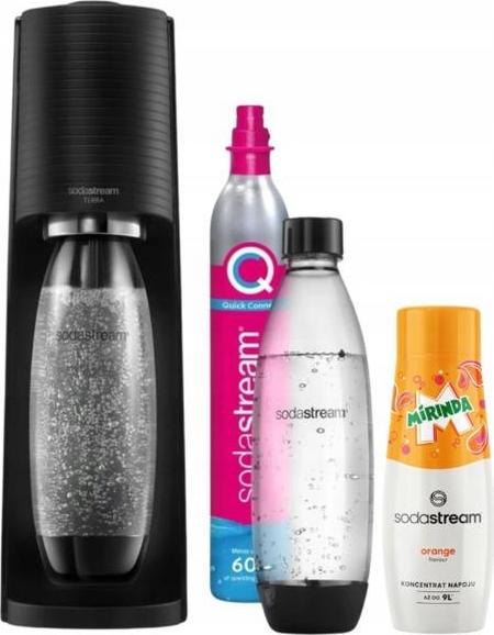 Sada saturátorov SODASTREAM Terra Black + ružová CO2 bombička 2 zápalnice 1l sirupu Mirinda