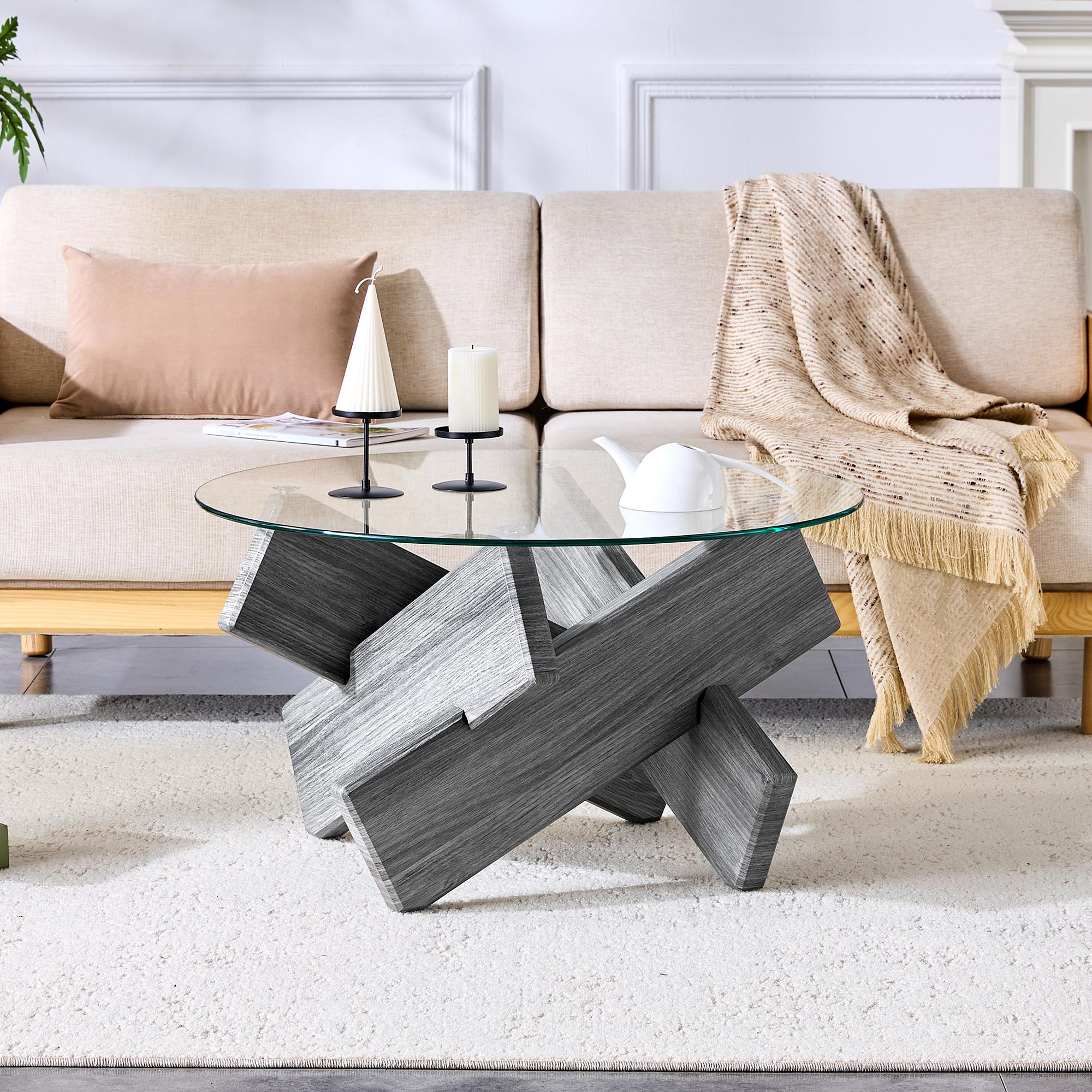 SUCCESS COURIER Runder Couchtisch 79 cm, Glas+MDF, graue Textur-Kreuzbeine, modern