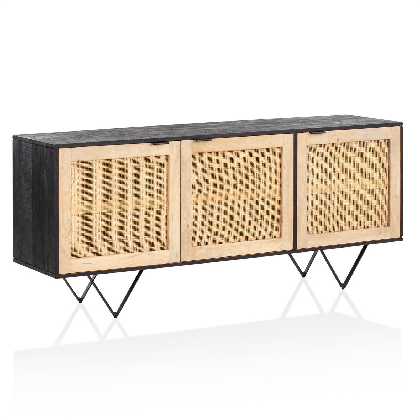 WOHNLING Sideboard 175x75x45 cm Mango Massivholz / Rattan Kommode mit 3 Türen Hoher Kommodenschrank Schwarz / Braun Standschrank Wohnzimmer Anrichte WL6.799