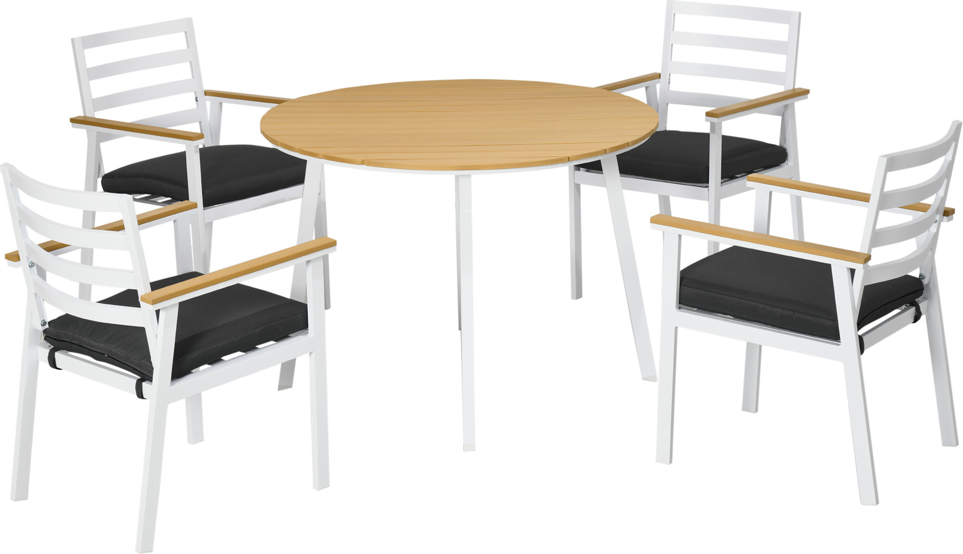 Outsunny sedacia súprava, 5-dielna súprava záhradného nábytku vrátane 1 stola, 4 stoličiek, bistro súprava s vankúšmi na sedenie, sedacia súprava, balkónový nábytok na terasu, hliník, teak+biela