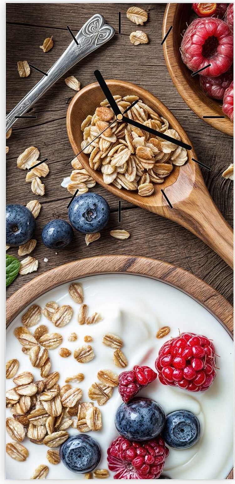 Primedeco Wanduhr aus Glas mit Motiv Beeriges Müsli- 30 x 60 cm - inkl. Aufhängesystem