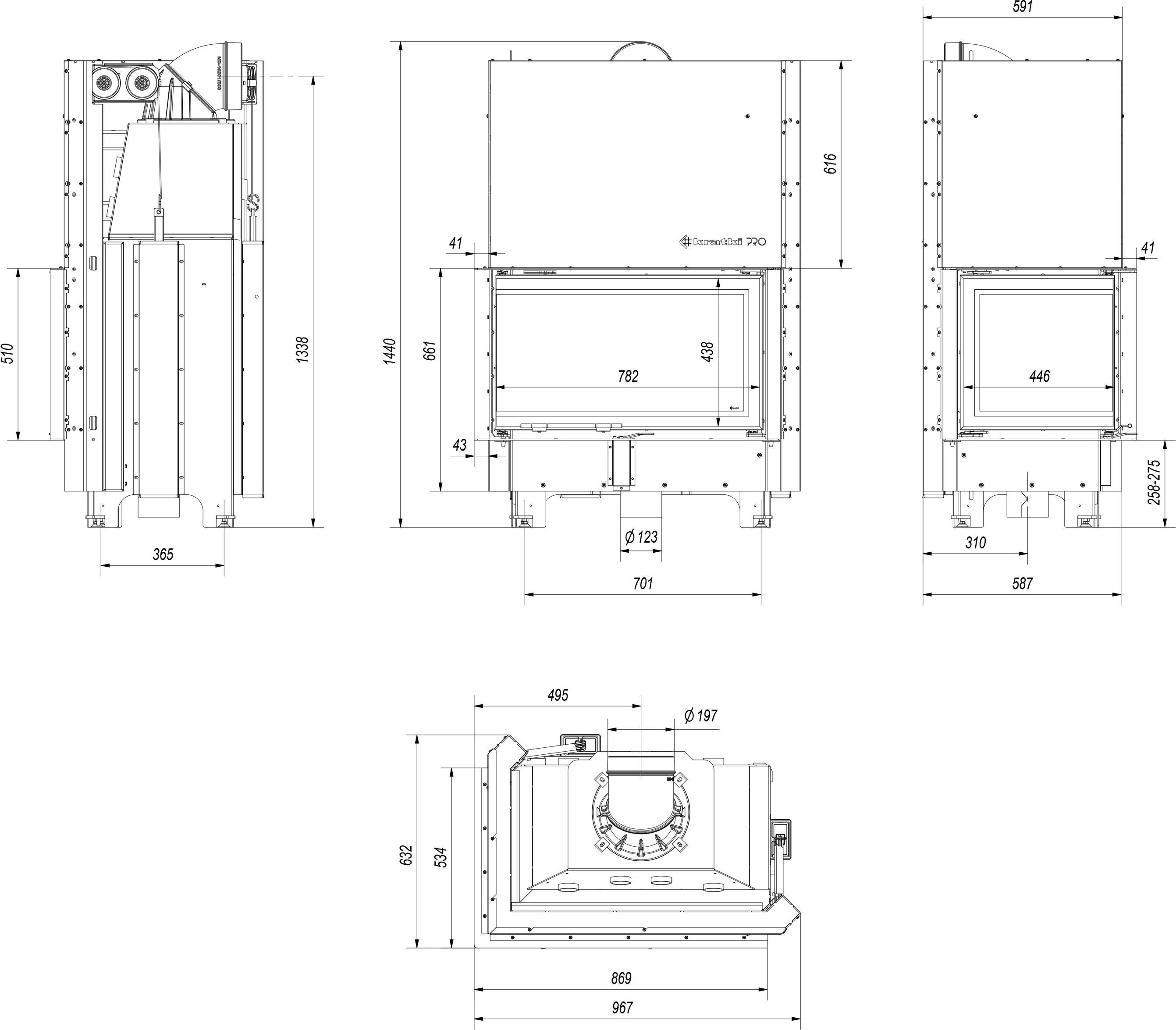 Oceľový krb KRATKI MBO ľavý 15 kW Ø 200 Lift-Up čierny thermotec