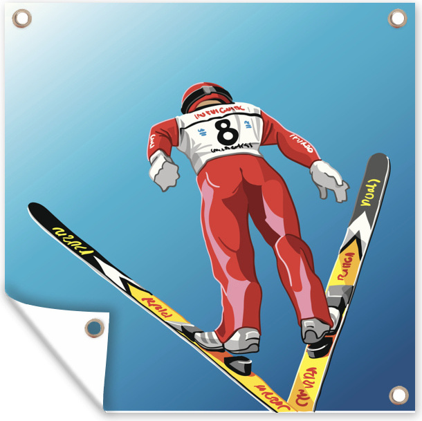MuchoWow® 100x100 cm Outdoor-Poster Gartendeko Sichtschutz Garten Poster für den Garten Eine Illustration eines Skispringers in der Luft 133|1353640