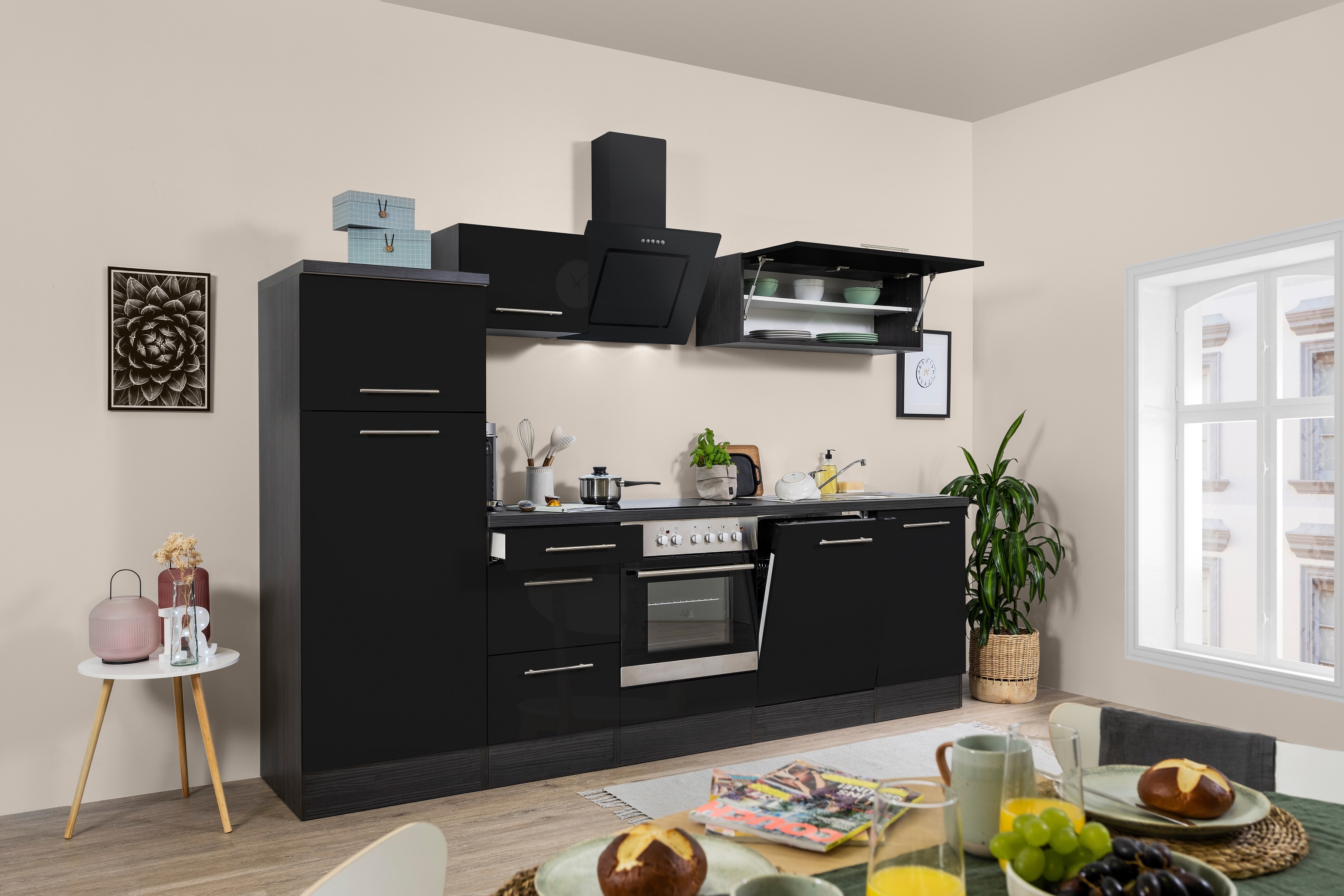 Küche Küchenzeile Küchenblock Eiche Schwarz Amanda 280 cm Respekta Premium RP280ESC