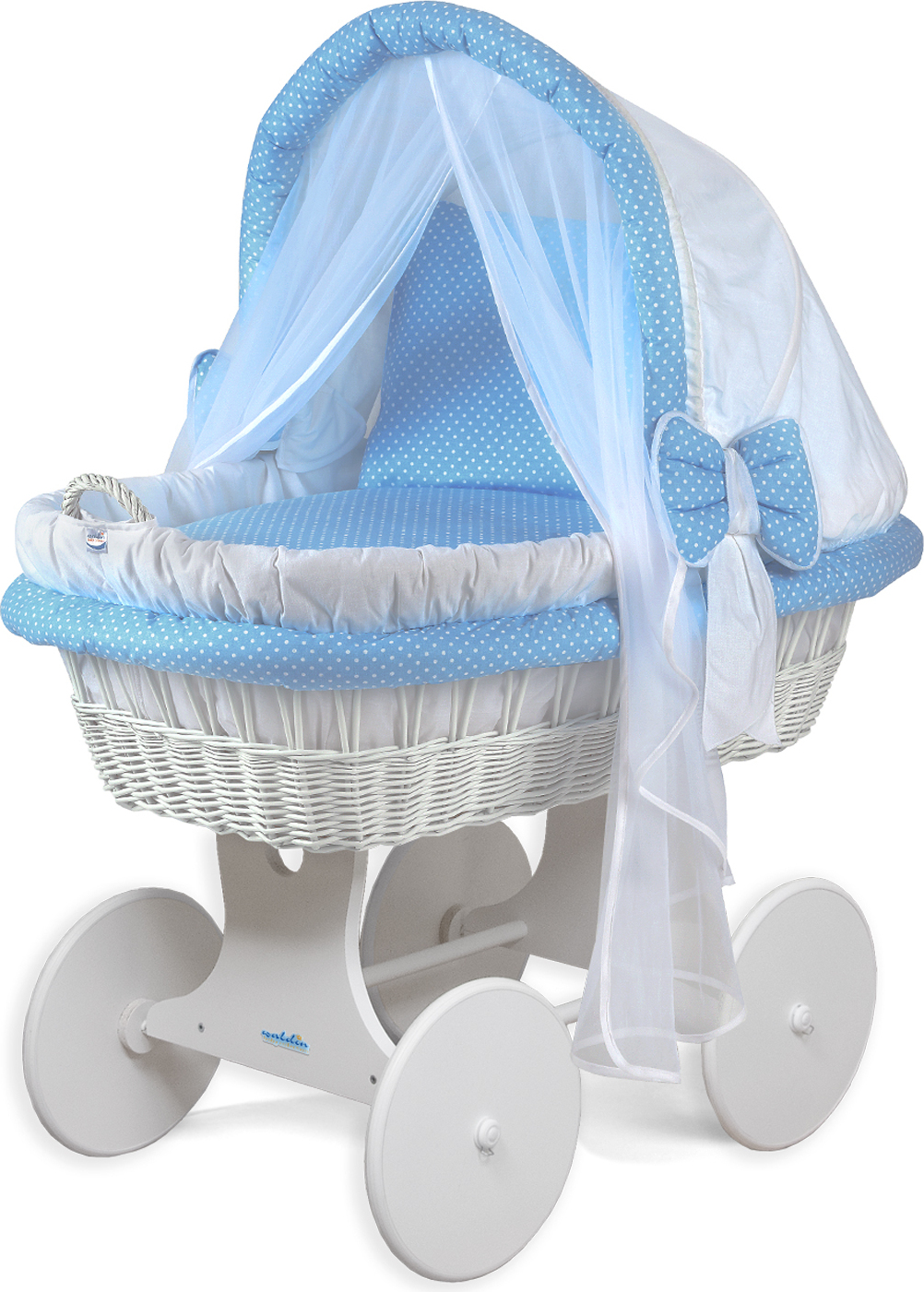 Waldin Baby Stubenwagen-Set mit Ausstattung,XXL,Gestell/Räder weiß lackiert,weiß/blau 1211-1p83w