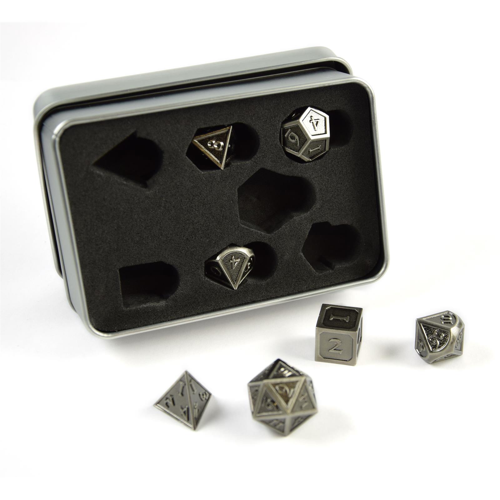 PhoneNatic 7 polyedrische Metall-Würfel für Rollen- und Tabletopspiele in Steampunk Silber-Optik inkl. Aufbewahrungsbox Polyedrische Würfel