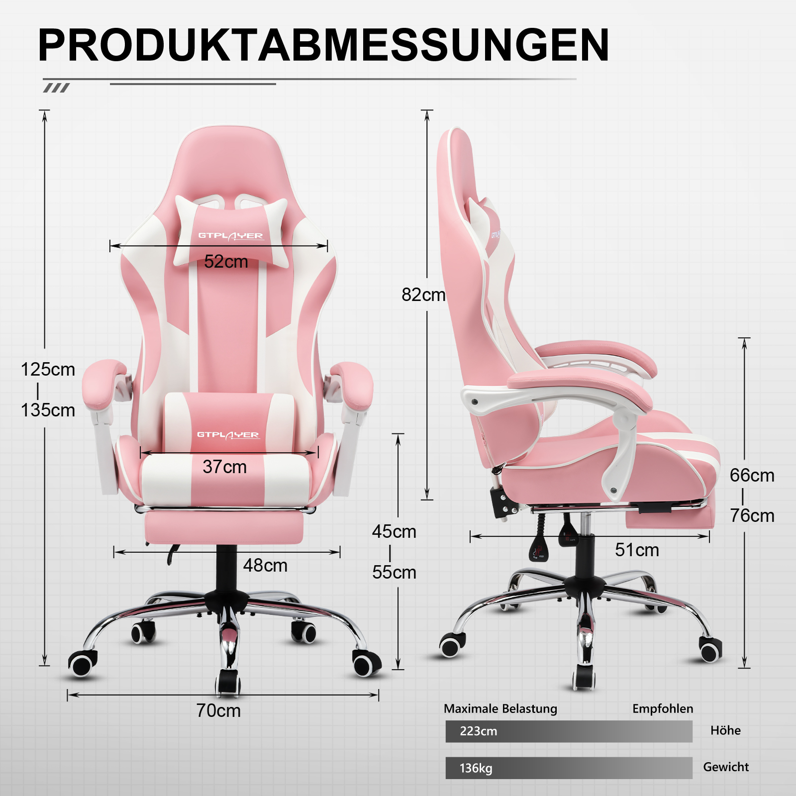 GTPLAYER Herná stolička Stolová stolička, ergonomická kancelárska stolička s masážnou funkciou a opierkou na nohy, spojovacie madlo, oceľová základňa, ružová