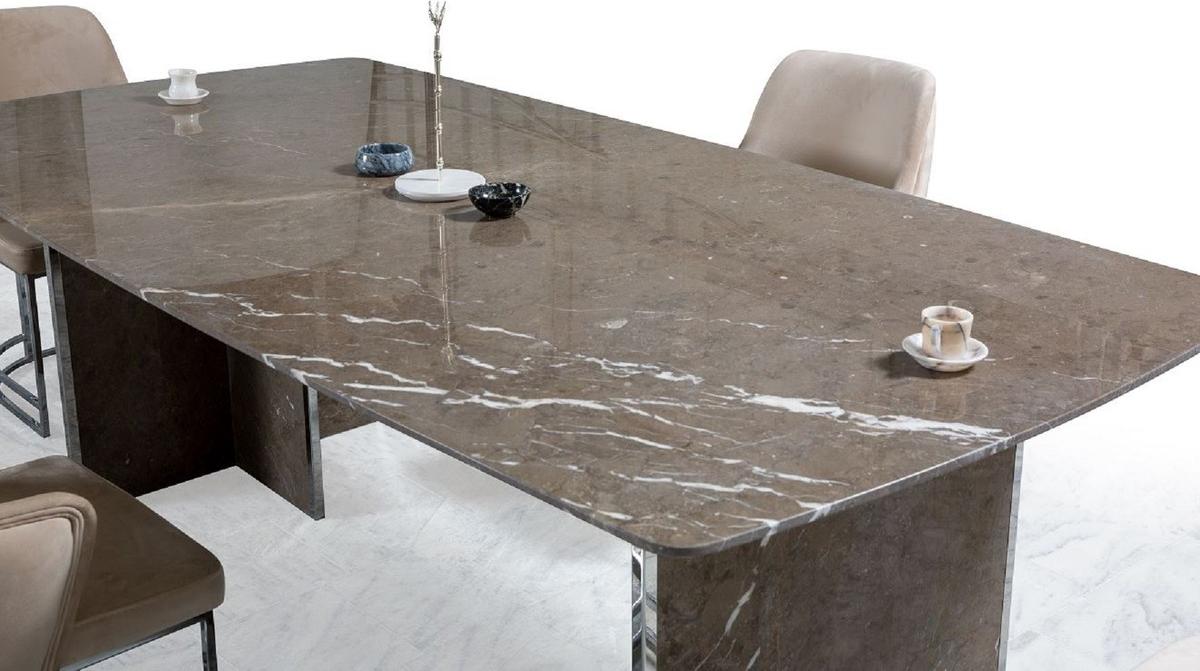 Casa Padrino Luxus Marmor Esstisch Braun / Silber 220 x 110 x H. 75 cm - Rechteckiger Marmor Küchentisch - Esszimmer Möbel - Marmor Möbel - Luxus Möbel - Esszimmer Einrichtung - Luxus Einrichtung NEW-48581
