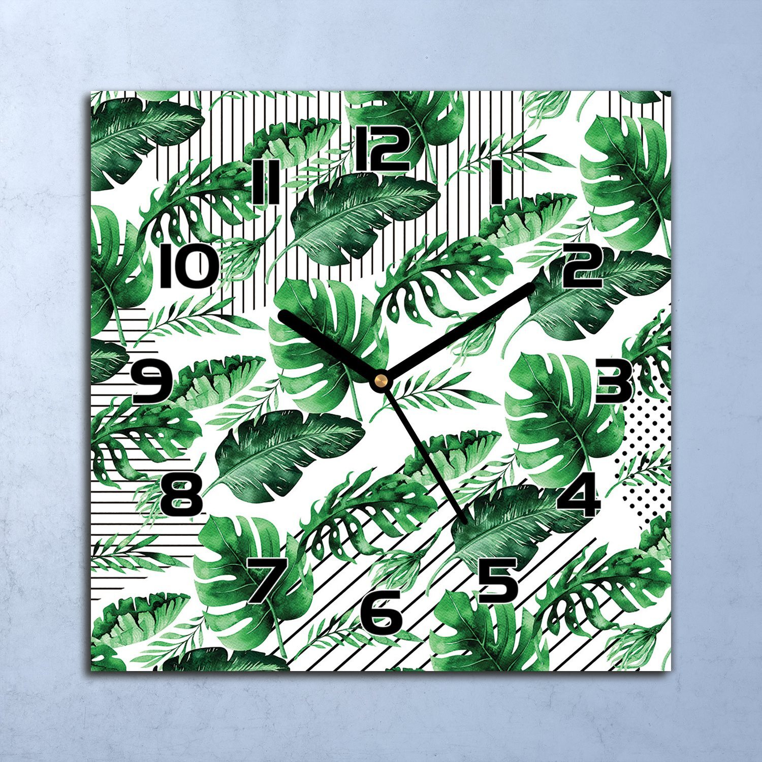 coloray Wanduhr Echt-Glas-Küchenuhr Fallende Blätter auf Streifen 30x30 Deko Bilder zsk-black-30x30-lenarte-141