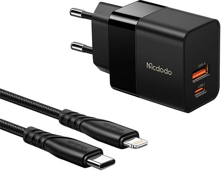 Mcdodo CH-1952 USB + USB-C 20W adaptér s káblom USB-C na Lightning, 1,2 m, čierny