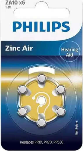 PHILIPS Blisterpackung 6 Zink-Luft Ideal fr Hrgerte (PR10, PR70, PR536), 1,4 V, 90 mAh