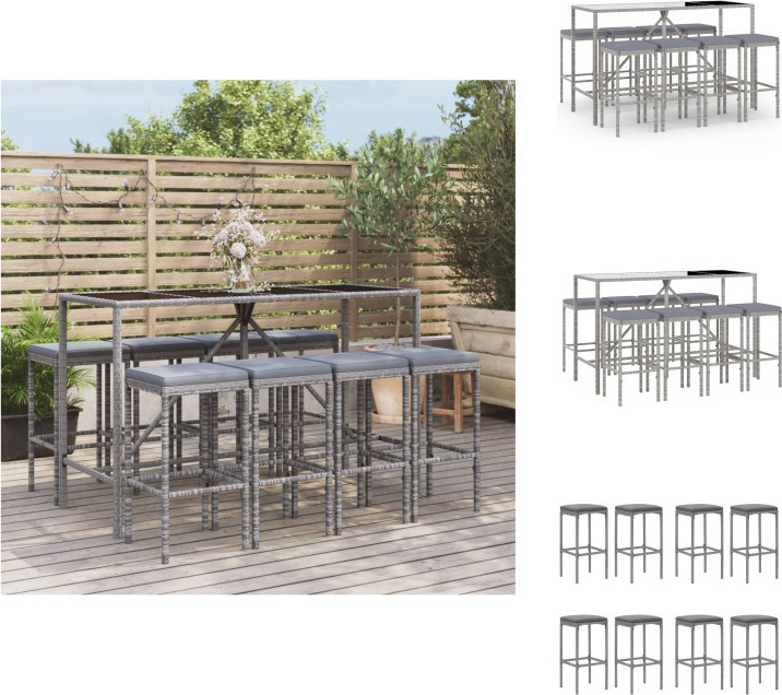 vidaXL 9-dielny záhradný barový set s vankúšmi sivý polyratan - Záhradný nábytok sety