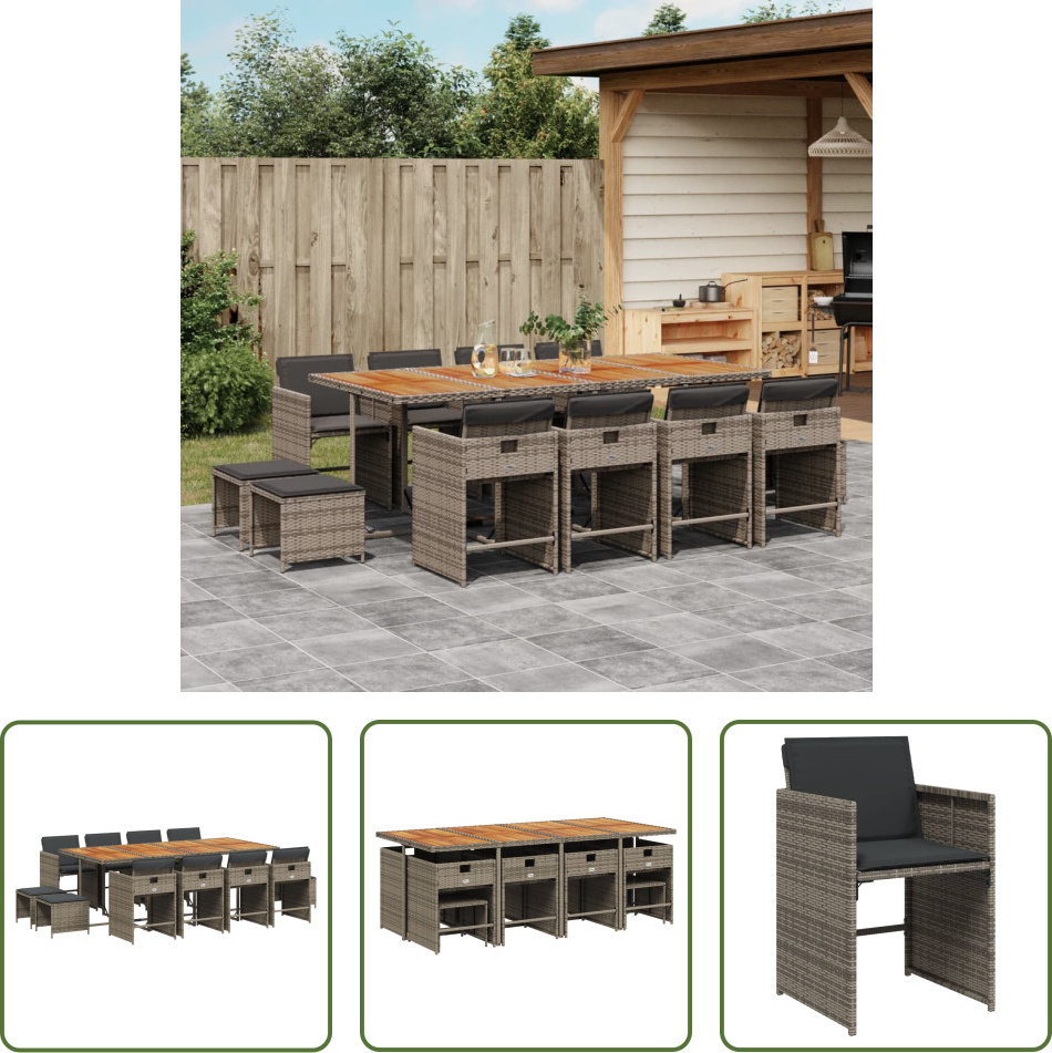 The Living Store 13-dielny záhradný jedálenský set s vankúšmi sivý polyratan