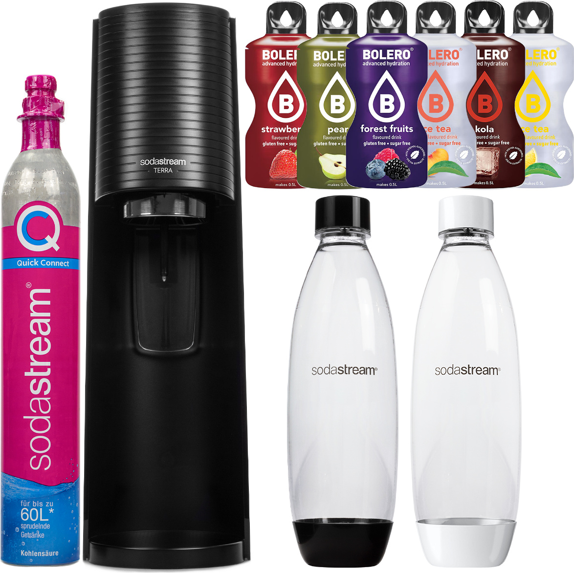 Výrobník sody SodaStream Terra Black + 2 fľaše Black/White + Bolero