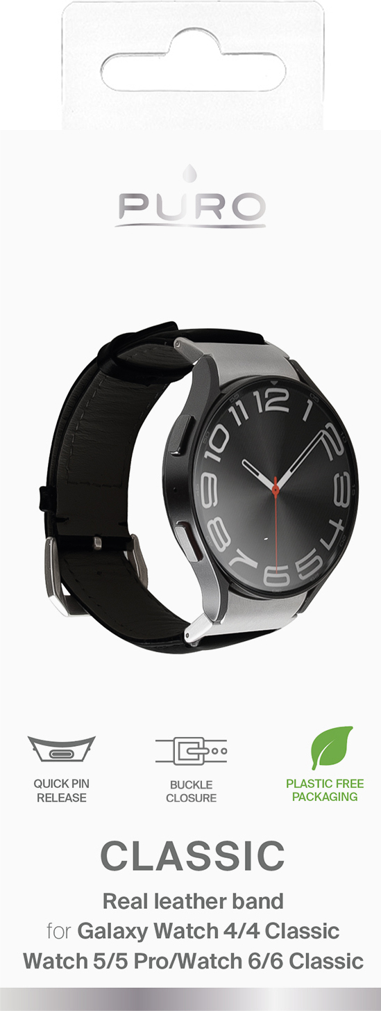 PURO PUGW6CLASSICBLK, Remienok k hodinkám, Samsung, Galaxy Watch 4 / Watch 4 Classic / Watch 5 / Watch 5 Pro / Watch 6 / Watch 6 Classic, Koža, Kov, Strieborná