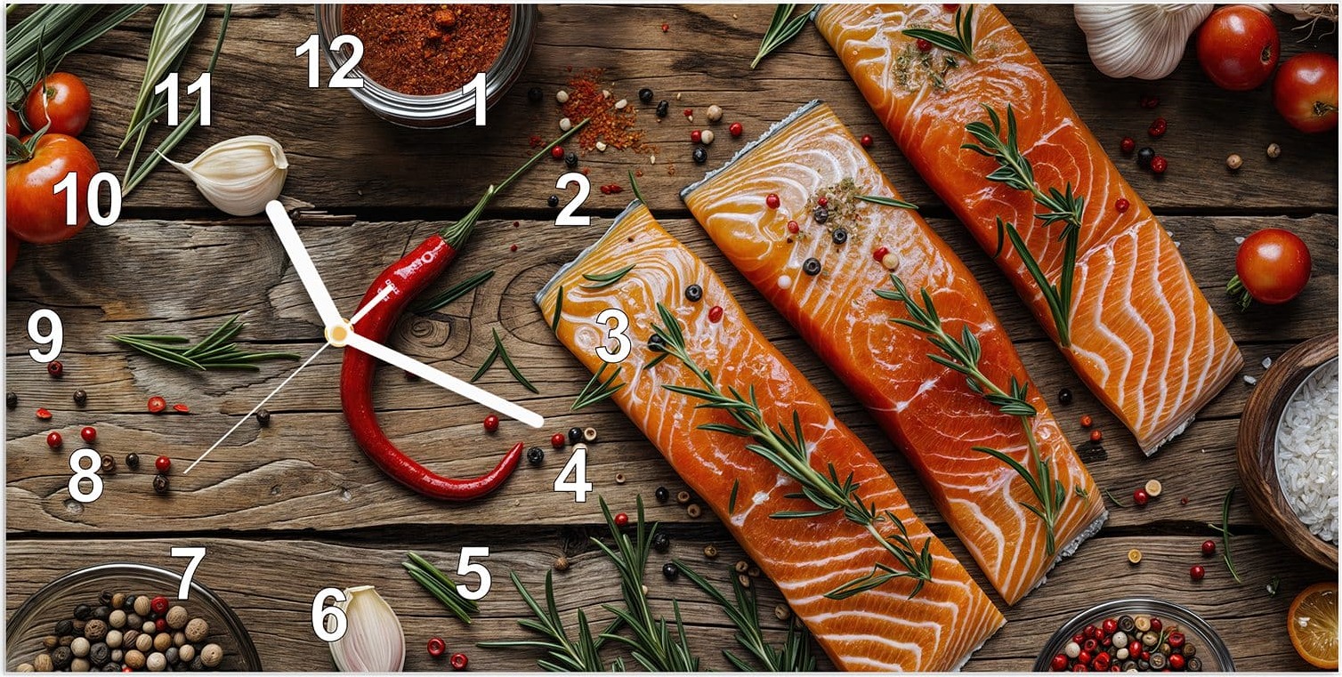 Primedeco Wanduhr aus Glas mit Motiv Lachsfilets- 60 x 30 cm - inkl. Aufhängesystem