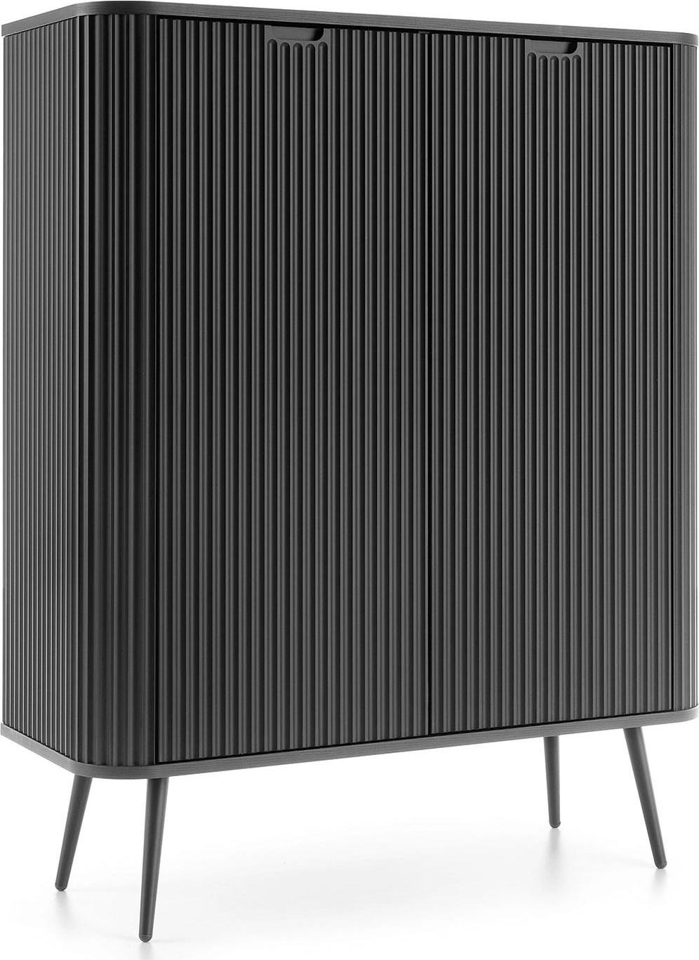 Ravio Hohe Kommode Porto 103 cm Schwarz Zweitürig mit Gerillten Fronten auf Schwarzen Metallfüßen