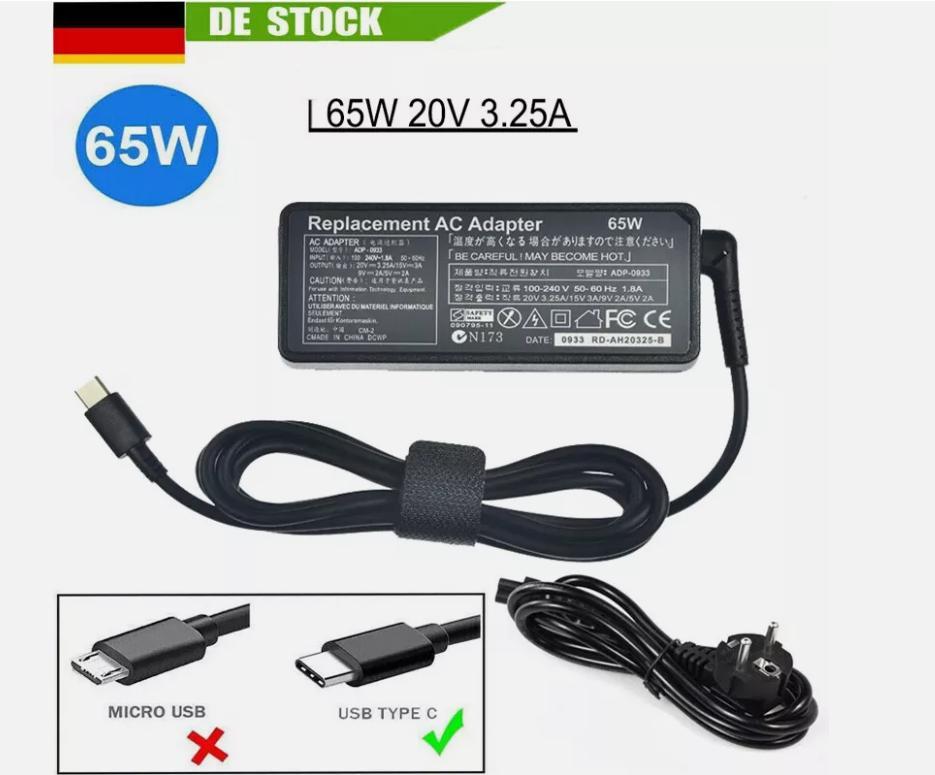 USB-C Netzteil Ersatz 65W USB-C Ladegerät Für Lenovo Thinkpad - Kompatibel Mit Vielen Modellen Thinkpad Ersatznetzteil