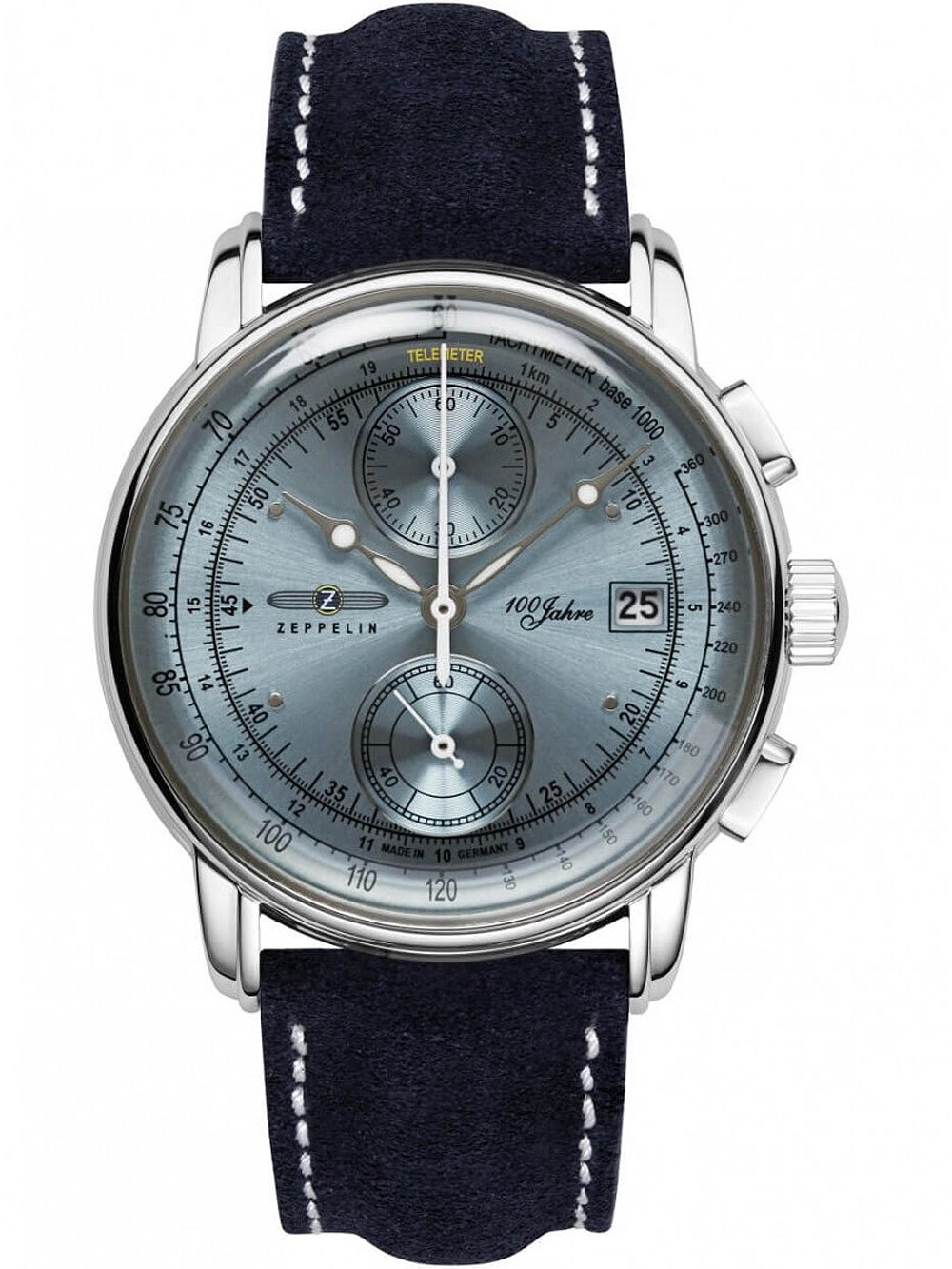 Zeppelin "100 Jahre" Herrenuhr Quarz Chronograph Blau 76803 Mit Lederarmband 4041338768039