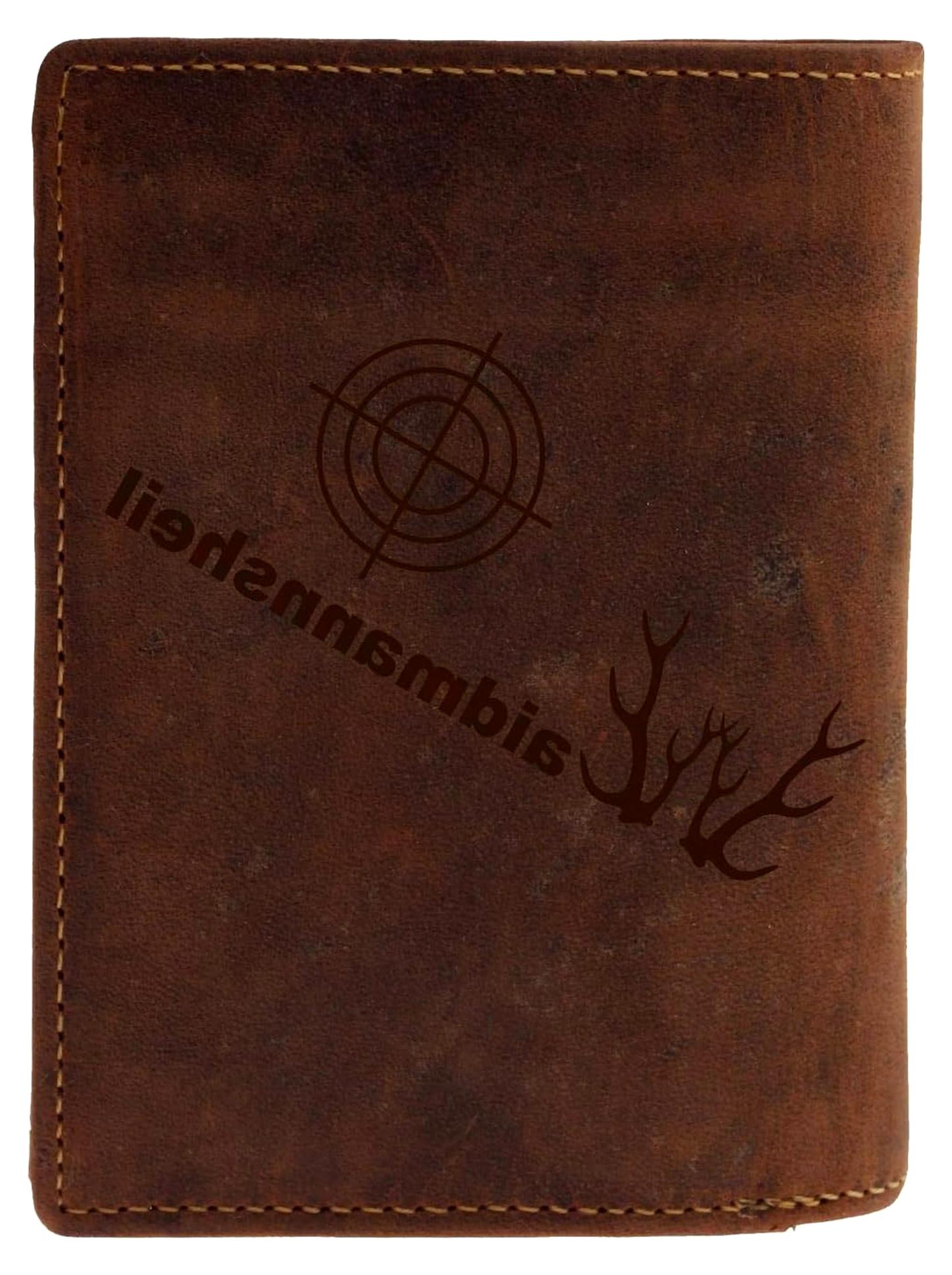 Markenlos Vintage Geldbörse Leder-Geldbeutel mit „Waidmannsheil“ Spruch - 12x10x3 cm