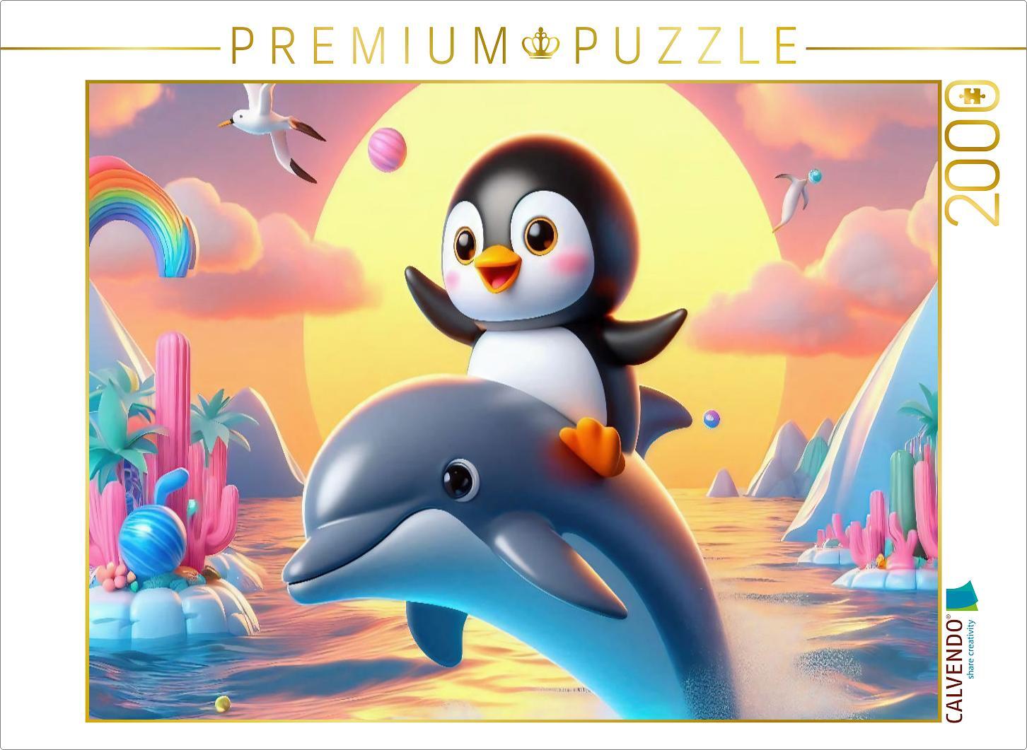CALVENDO Puzzle Ein Delphin als Fortbewegungsmittel für einen kleinen Pinguin | 2000 Teile Lege-Größe 90x67cm Foto-Puzzle für glückliche Stunden