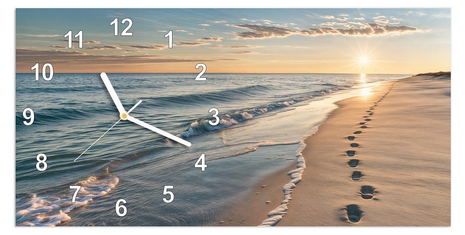 Primedeco Wanduhr aus Glas mit Motiv Strandspuren- 60 x 30 cm - inkl. Aufhängesystem