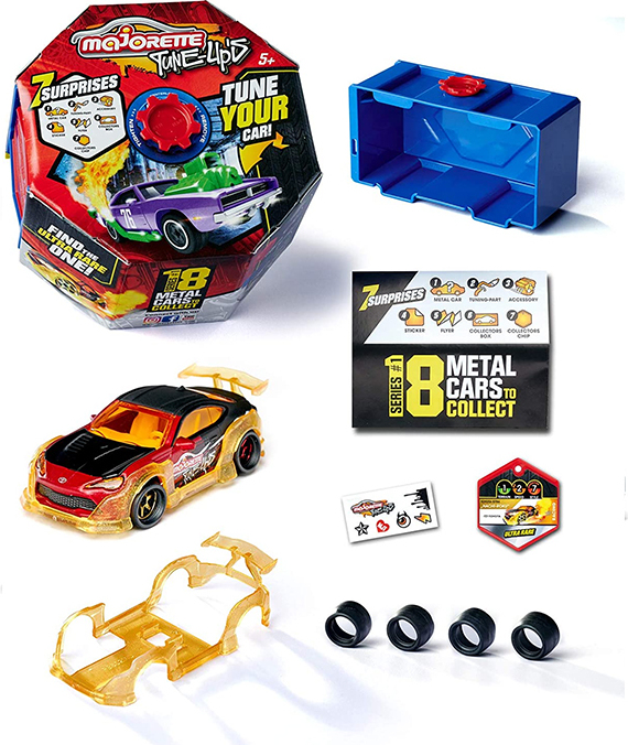 Majorette - Tune Ups Series 1 – Spielzeugauto aus Metall zum Tunen mit 7 Überraschungen, 1 von 18 Autos, inkl. Tuning-Zubehör, Sammelbox und Sticker