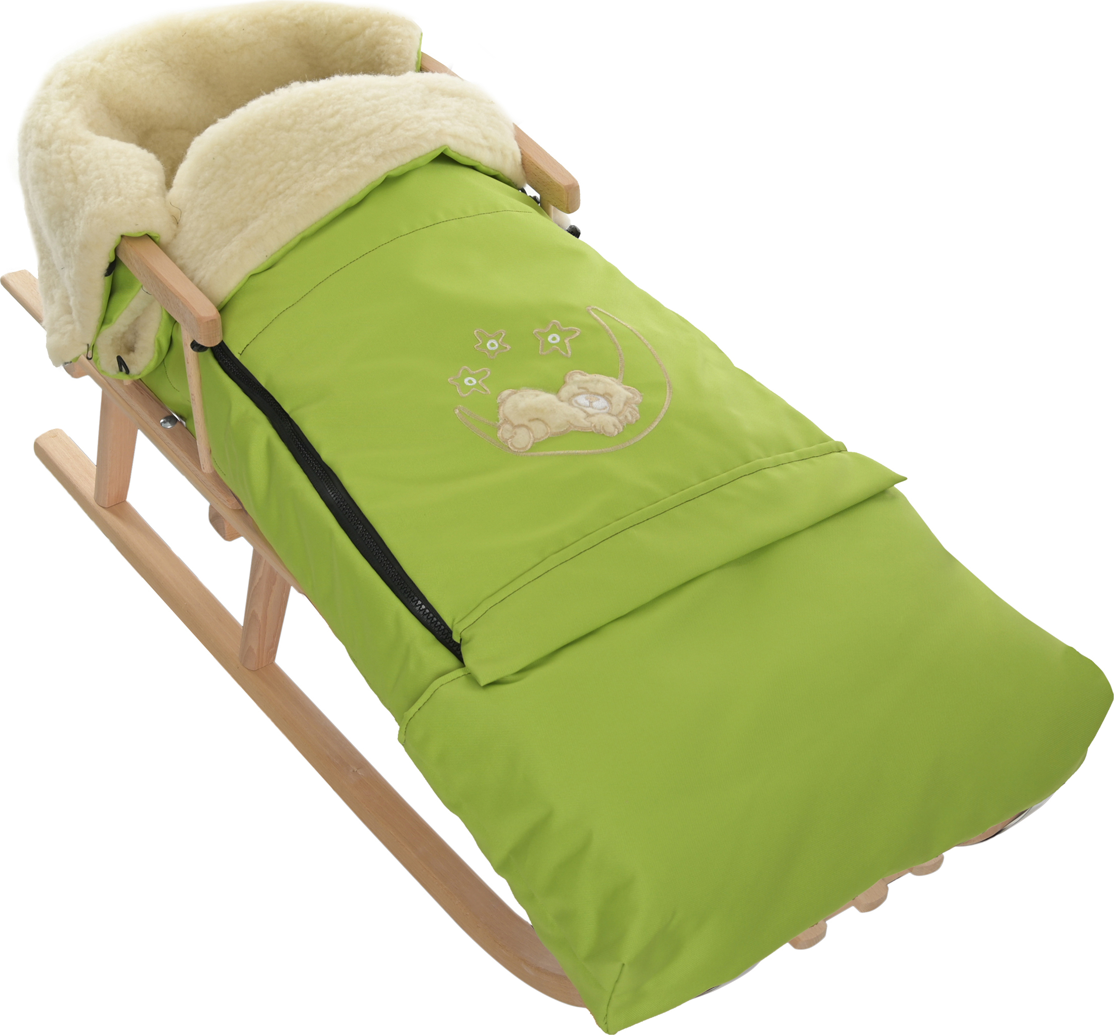 Goldkids Holzschlitten Kinderschlitten aus Buchenholz Rückenlehne Zugseil + Winterfußsack Schlittensack Fußsack Grün Schlitten Kinderwagen