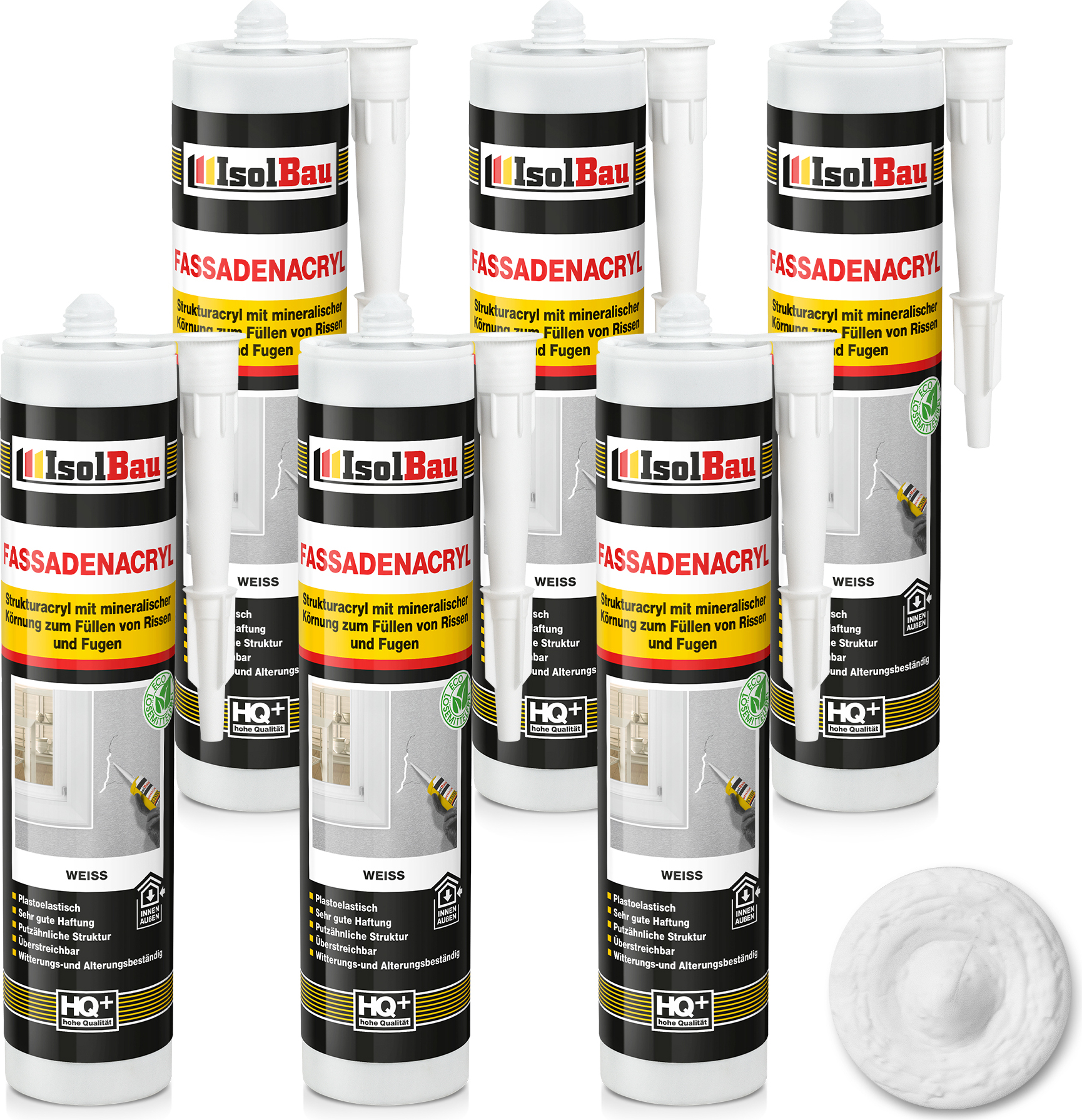Isolbau Fassaden-Acryl - 6 x 300 ml Acryl-Dichtstoff mit Körnung zum Füllen von Rissen & Fugen im Innen- & Außenbereich - Weiß