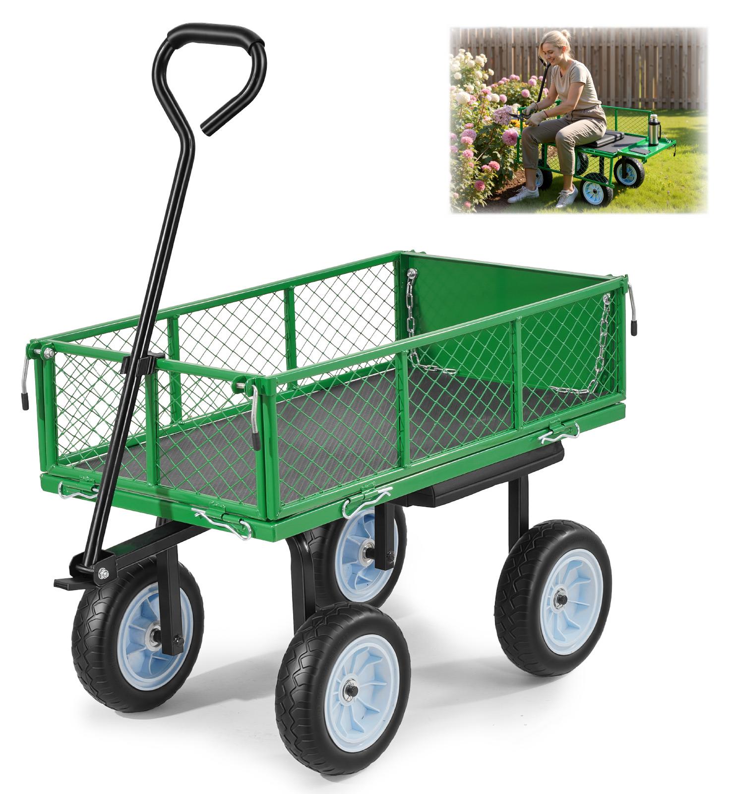 VEVOR Bollerwagen 226,8 kg Tragkraft, Gartenwagen mit Sitz & PolyurethanRädern, Transportwagen mit Werkzeugablage & Verstellbarem Griff, Gerätewagen für Rasen, Terrasse, Garten & Grünflächen,