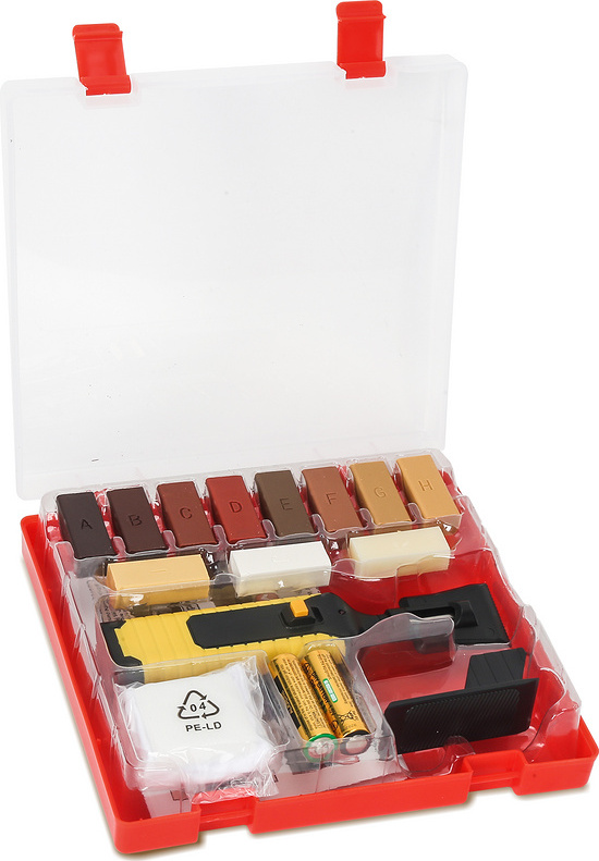 Fiqops Holz Reparaturset Laminat Reparaturset Holzreparaturkit mit 11 Unterschiedliche Farbtöne Hartwachs Stangen, Wachsschmelzer, Schleifschwamm Spatel ReparaturKit für Parkett, Laminat, Holzmöbel RL-HG6245-1-DCa