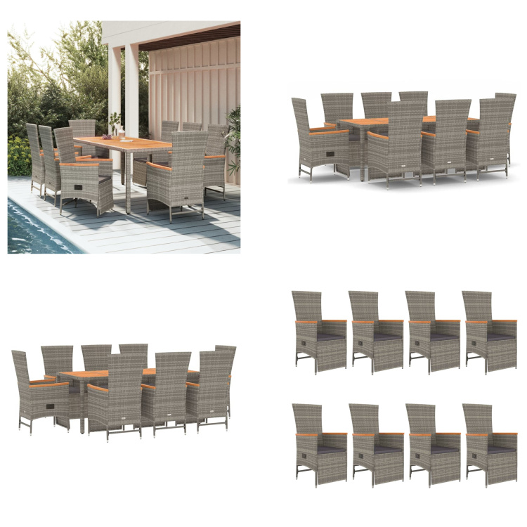 vidaXL 9 tlg. Garten Essgruppe mit Kissen Grau Poly Rattan - Garten Essgruppe - Garten Essgruppen - Essgruppe - Essgruppe Terrasse