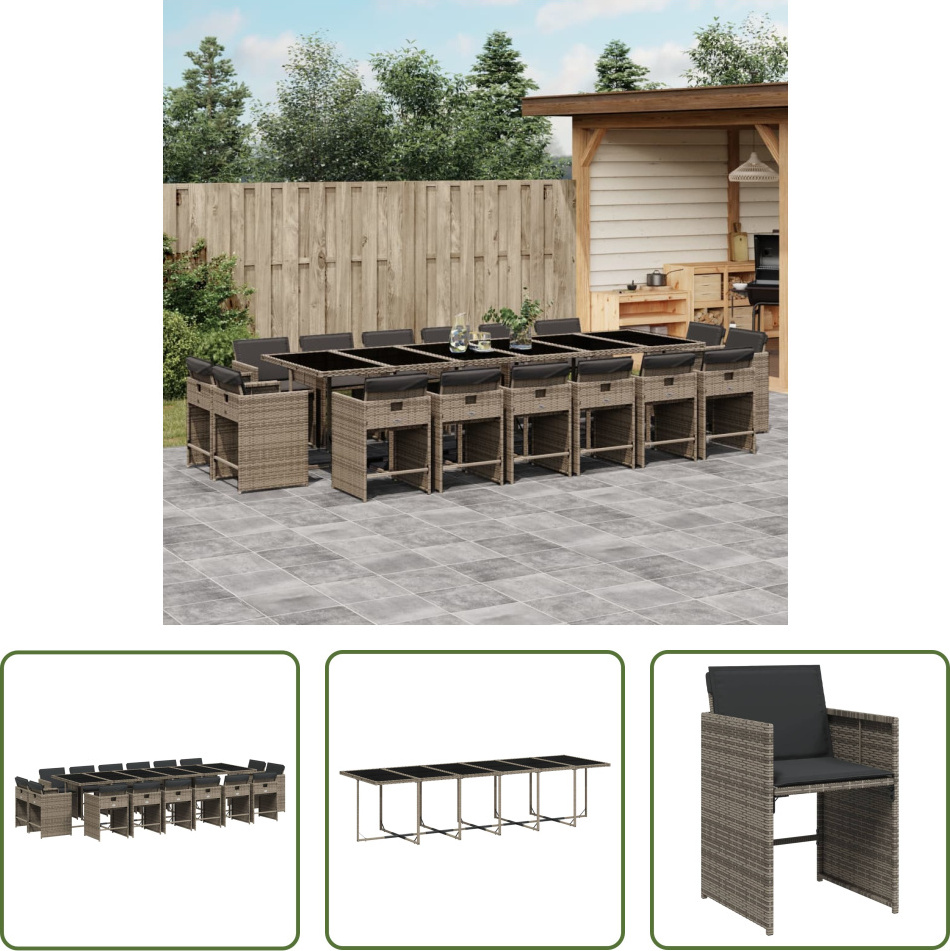 The Living Store 17-dielny záhradný jedálenský set s vankúšmi sivý polyratan