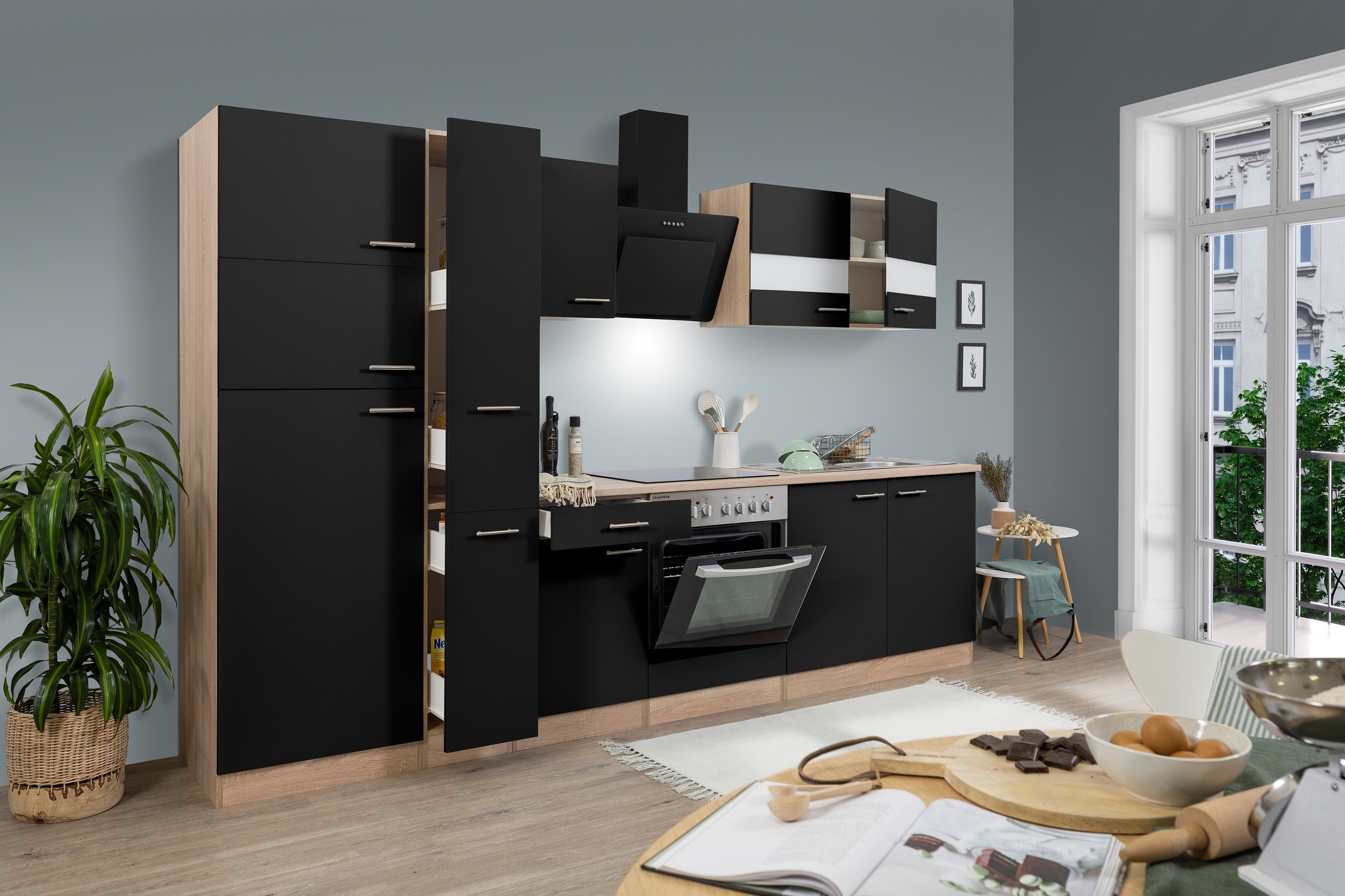 Küche Küchenzeile Küchenblock Einbauküche Eiche Schwarz Merle 300 cm Respekta KB300ESSCGKE