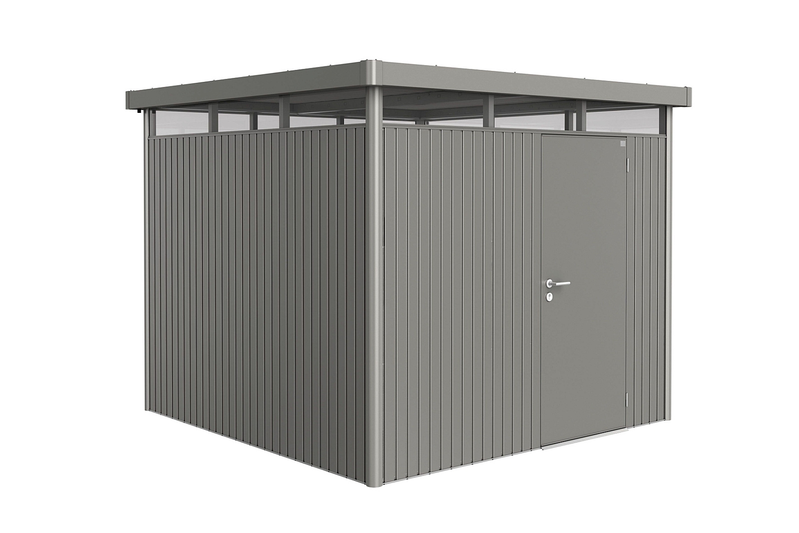 Plechový záhradný domček Biohort HighLine H4 jednokrídlové dvere 254x254 cm sivý kremeň metalický