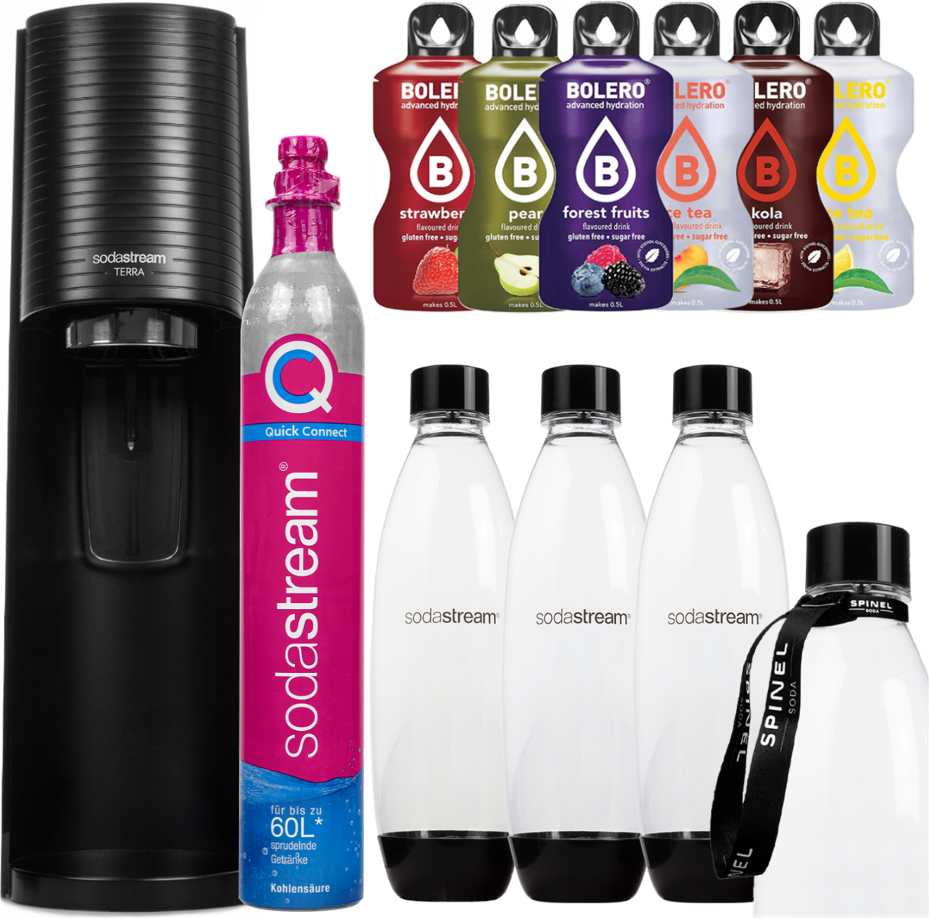 Výrobník perlivej vody SodaStream Terra Black Set s 3 fľašami sirupu