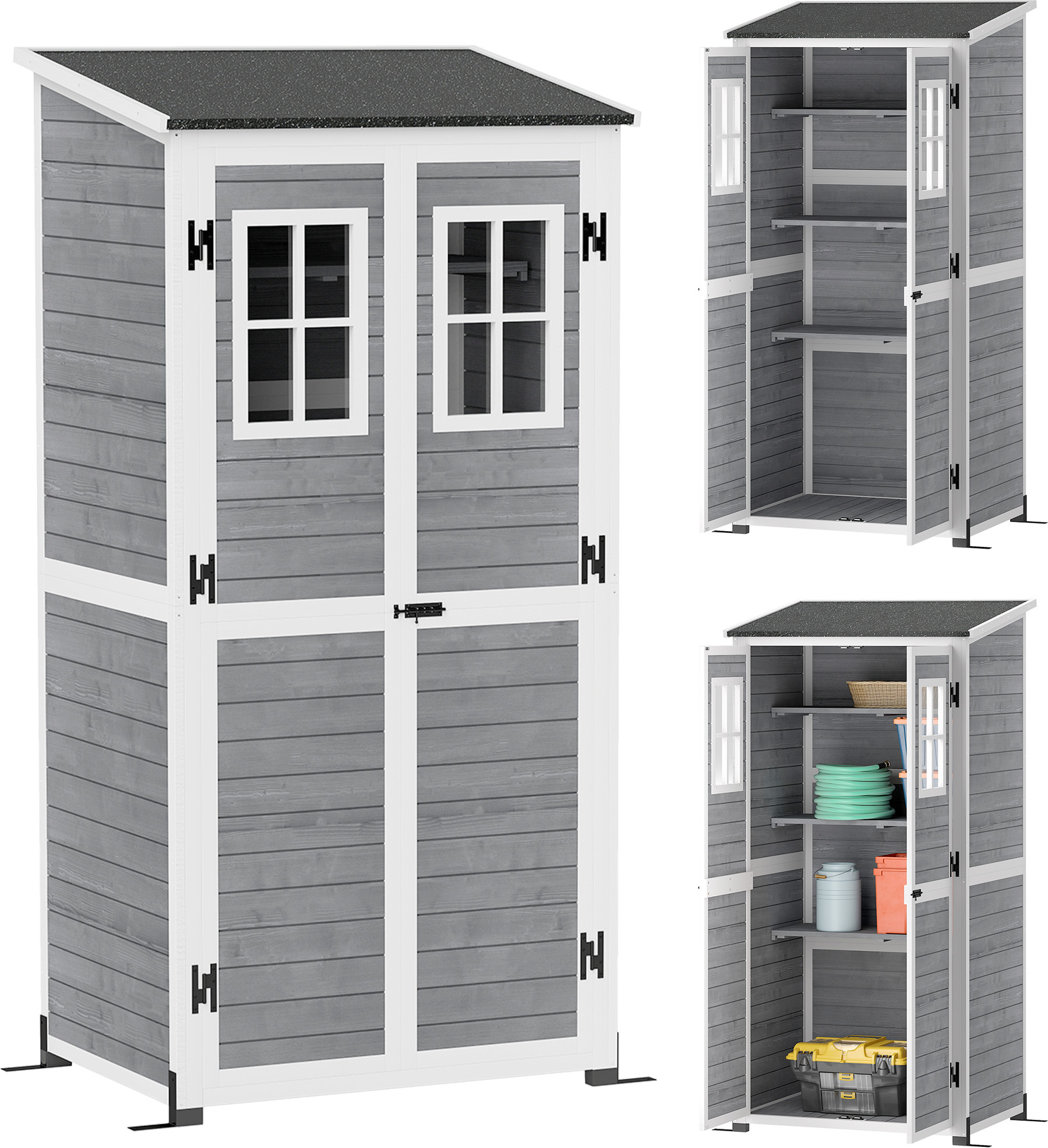Outsunny záhradný prístrešok na drevo, prístrešok na náradie s uzamykateľnými dverami 2 okná základová doska asfaltová strecha pent 91x69x192cm, svetlosivá