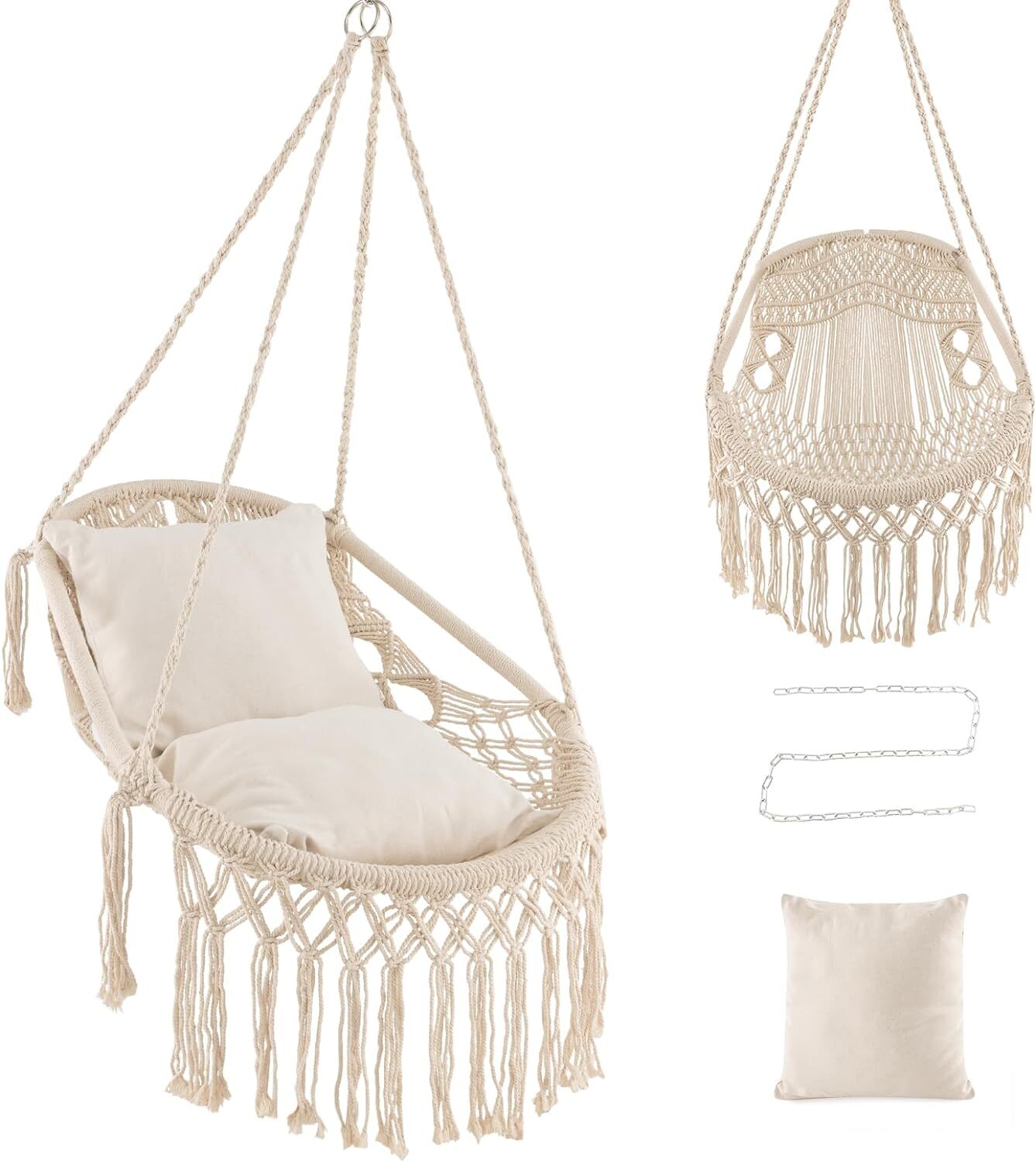 KOMFOTTEU Hängesessel Hängekorb, Hängemattenstuhl mit 2 weichen Kissen, widerstandsfähigen Seilen & Kette, Hängeschaukel 150 kg belastbar WY00110KNDE