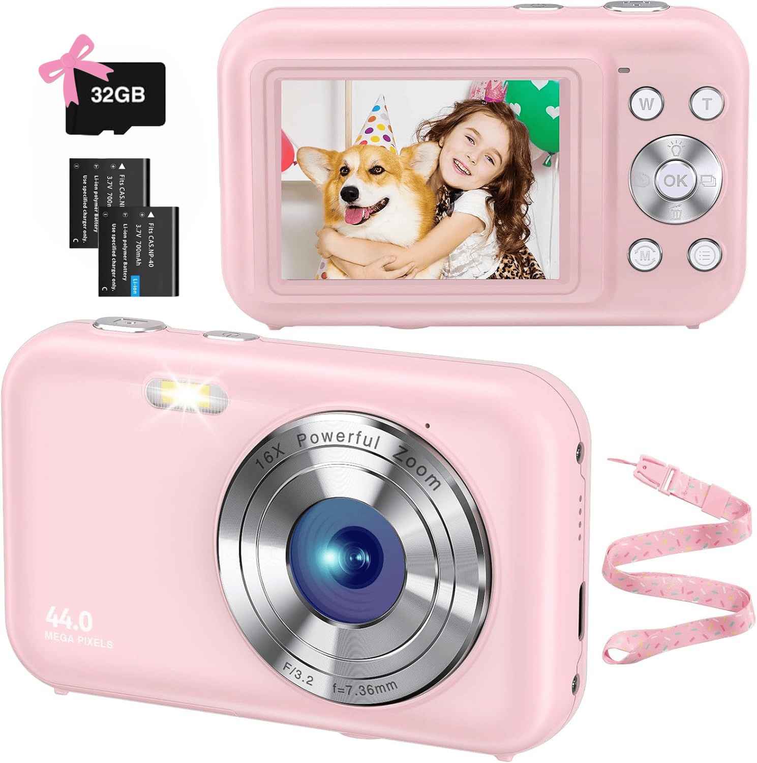 bedee FHD 1080P Digitalkamera, 44MP Kompaktkamera, 2,4-Zoll Vlogging Kamera, 16X Digital Zoom, 4K Kompaktkamera für Anfänger, Rosa