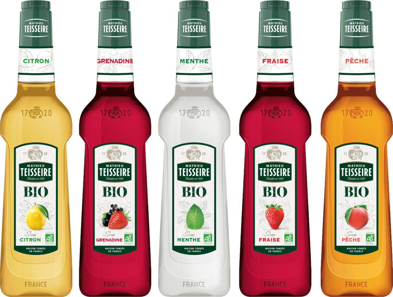 Teisseire B.I.O. -Teiseire -Sirupe - Zitrone, Grenadine, Minze, Erdbeere, Fischerei - 5x50cl