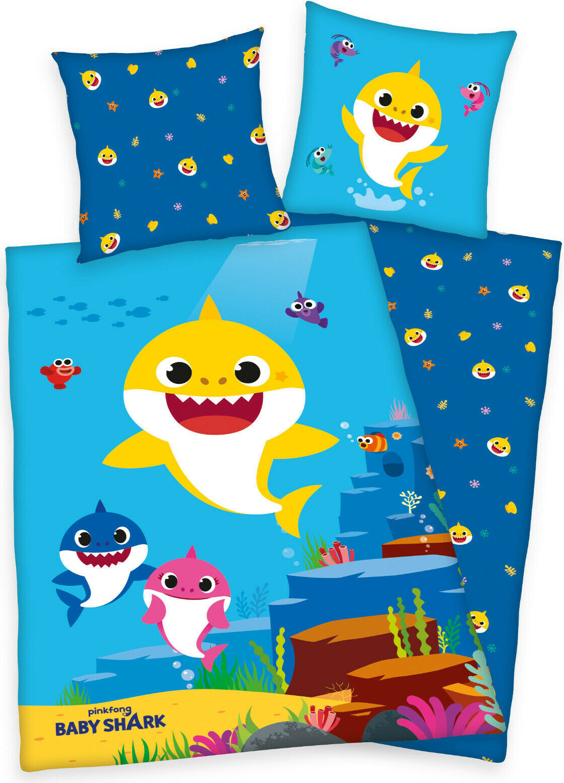 Herding Baby Shark Kinder Bettwäsche - 135x200 + 80x80 - Wende Motiv - Haie Fische 4405601050
