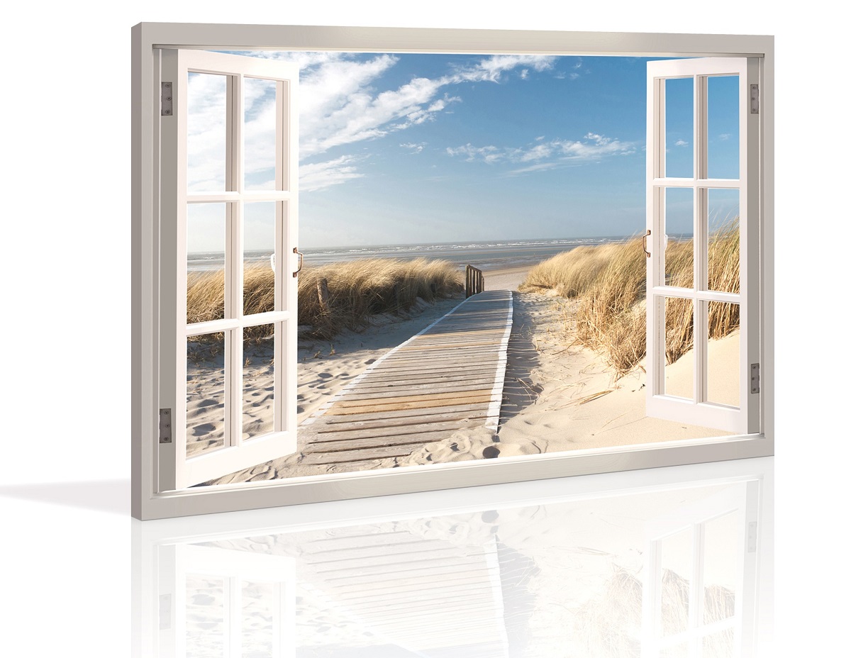 Wandbild Fensterblick Ostsee mit Leuchtturm mit Fensterrahmen