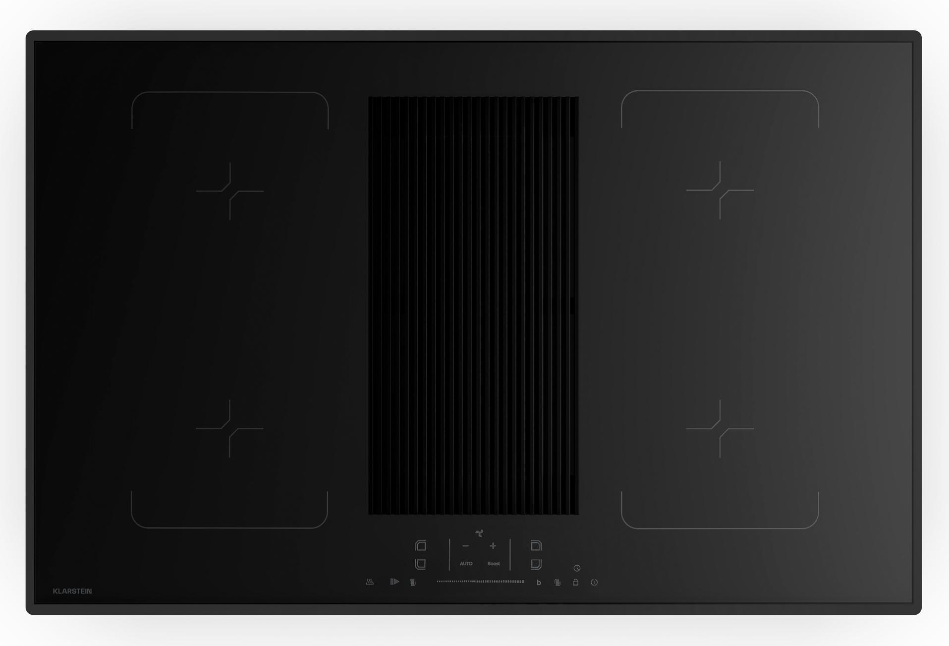 Klarstein Velaire Flex indukčná varná doska s digestorom - 80 cm, 4 flexibilné zóny, 8400 W Boost, dotykový posuvník, časovač, detská poistka, indikátor zvyškového tepla, indukčná varná doska s digestorom, čierne sklo