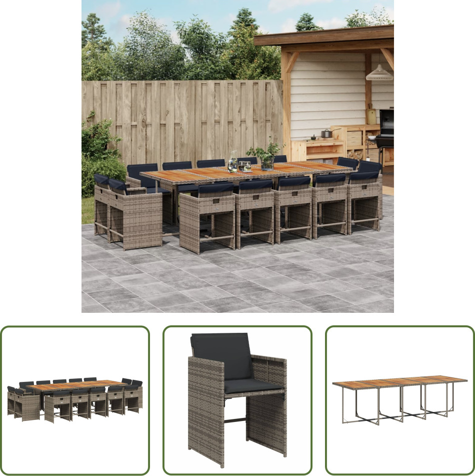 The Living Store 15-dielny záhradný jedálenský set s vankúšmi sivý polyratan
